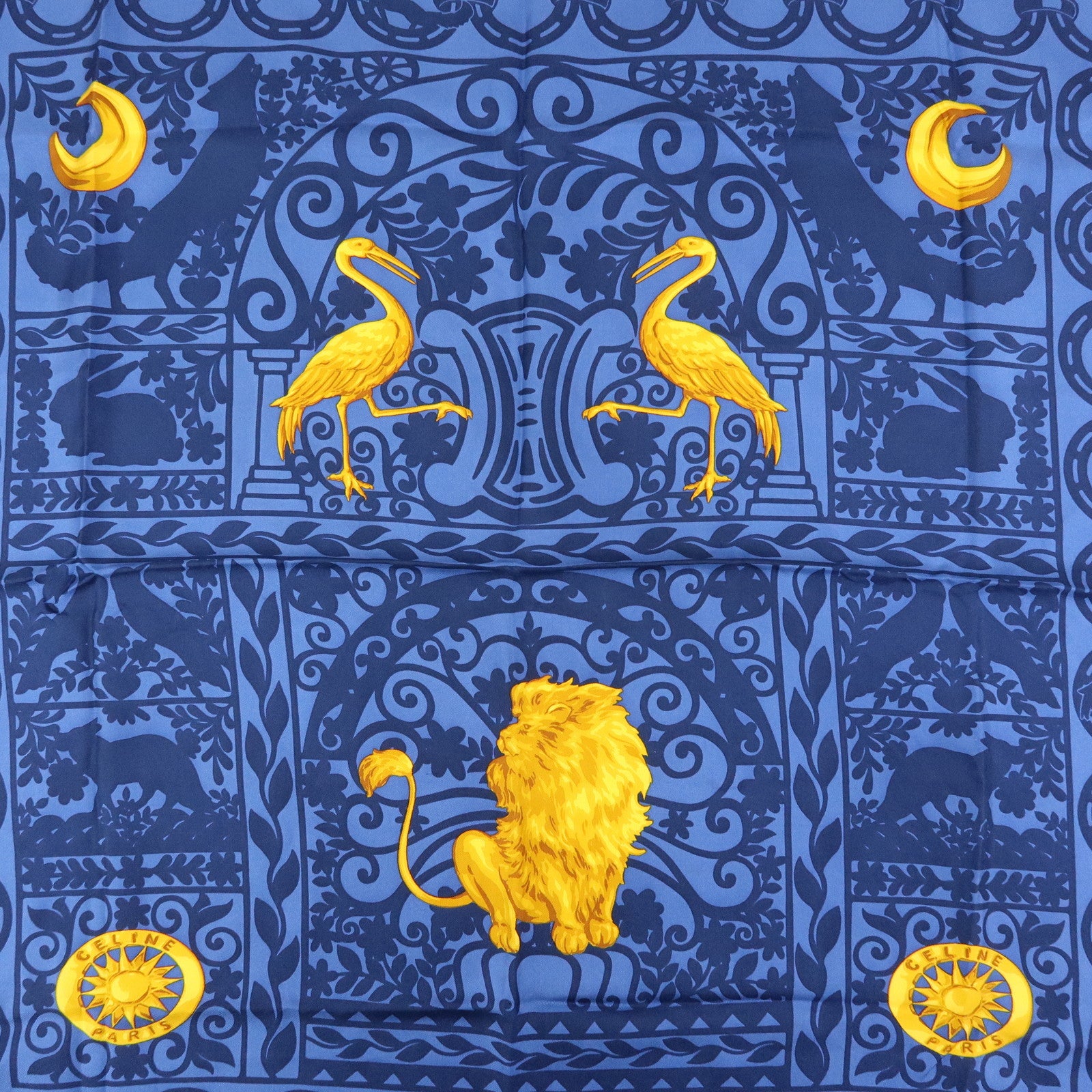 CELINE Silk 100% Scarf Lion Chain Motif Blue Yellow