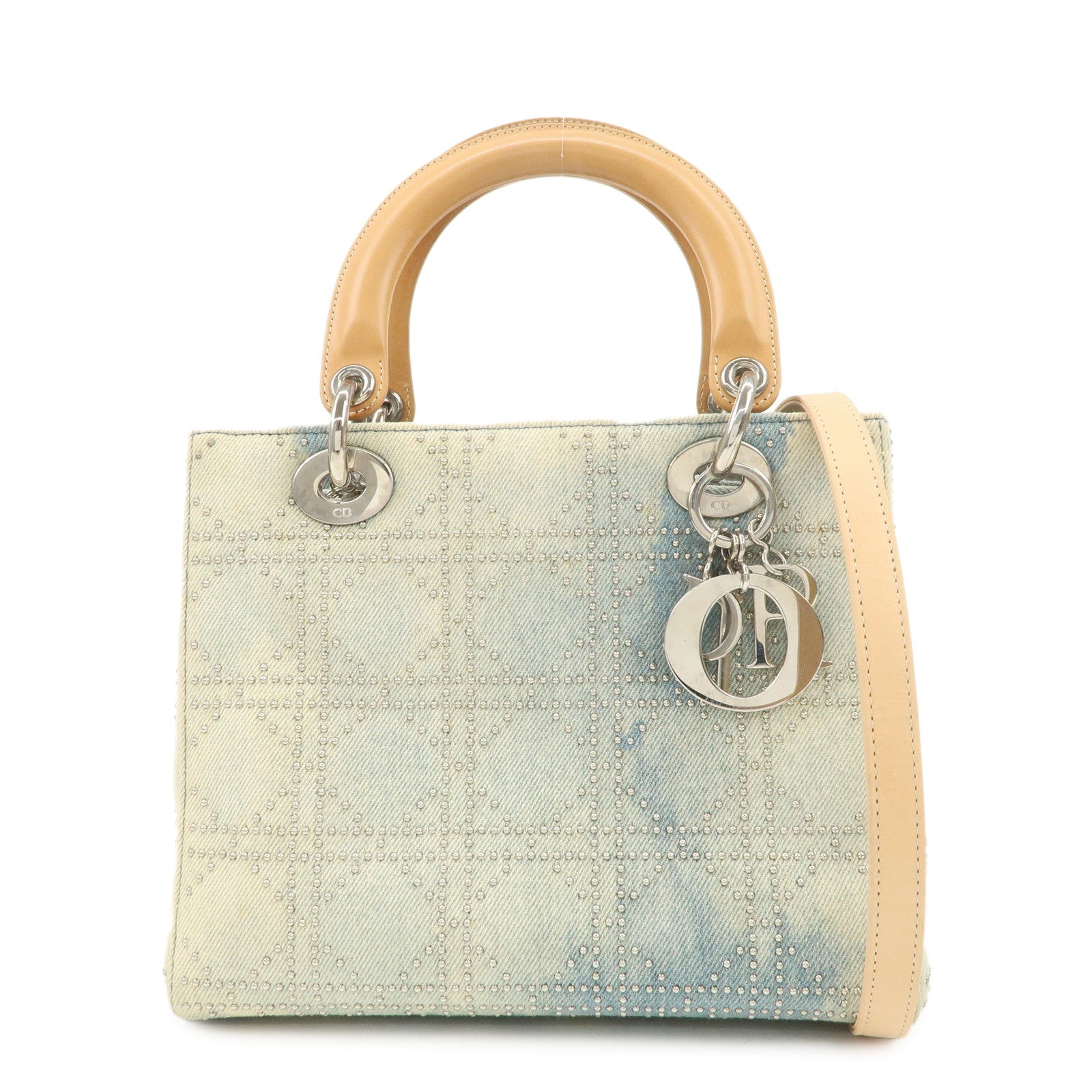 Christian Dior Cannage Leather Denim 2 Way Tote Bag Studs Beige Blue