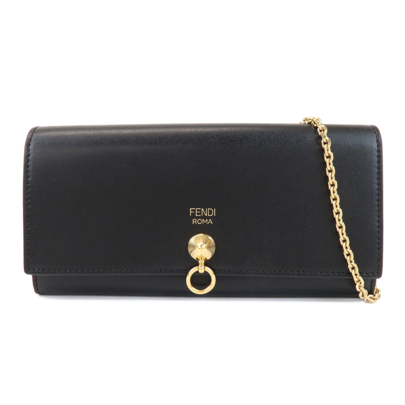 FENDI Leather Chain Wallet WOC Flap Wallet Black 8M0365