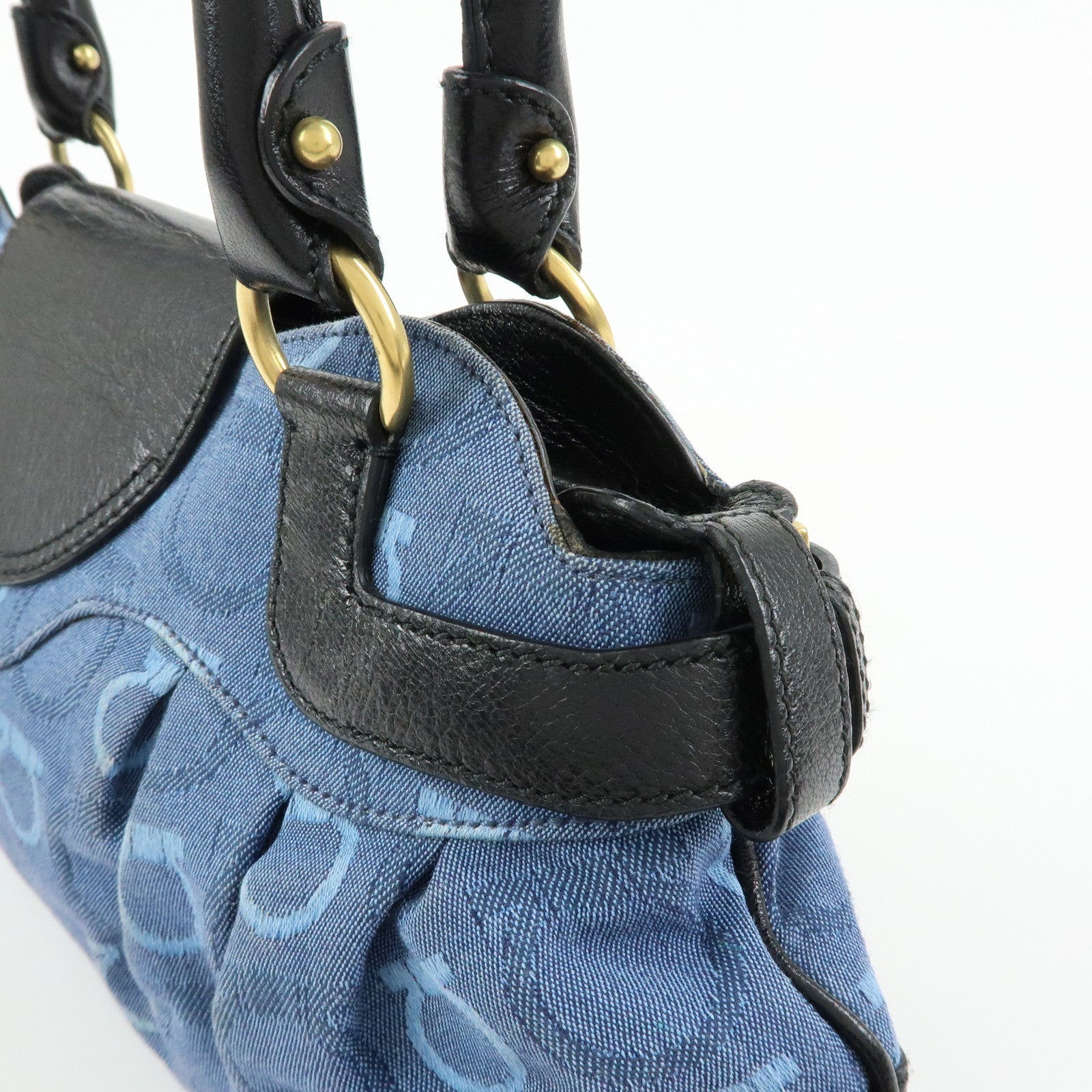 Ferragamo Gancini Canvas Leather Hand Bag Shoulder Bag Blue Black
