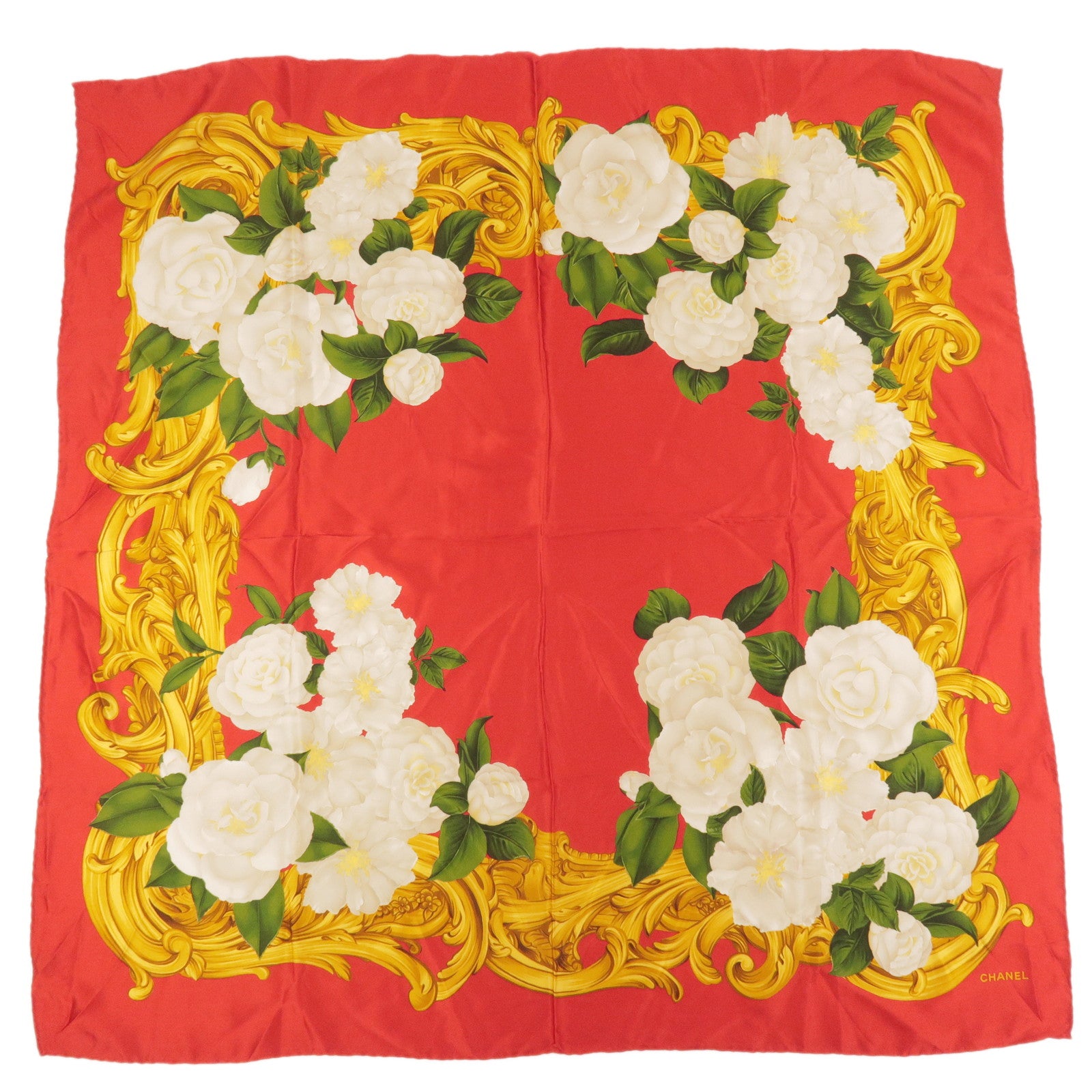 CHANEL Silk 100% Scarf Rose Print Floral Pattern 93x93 Red Gold