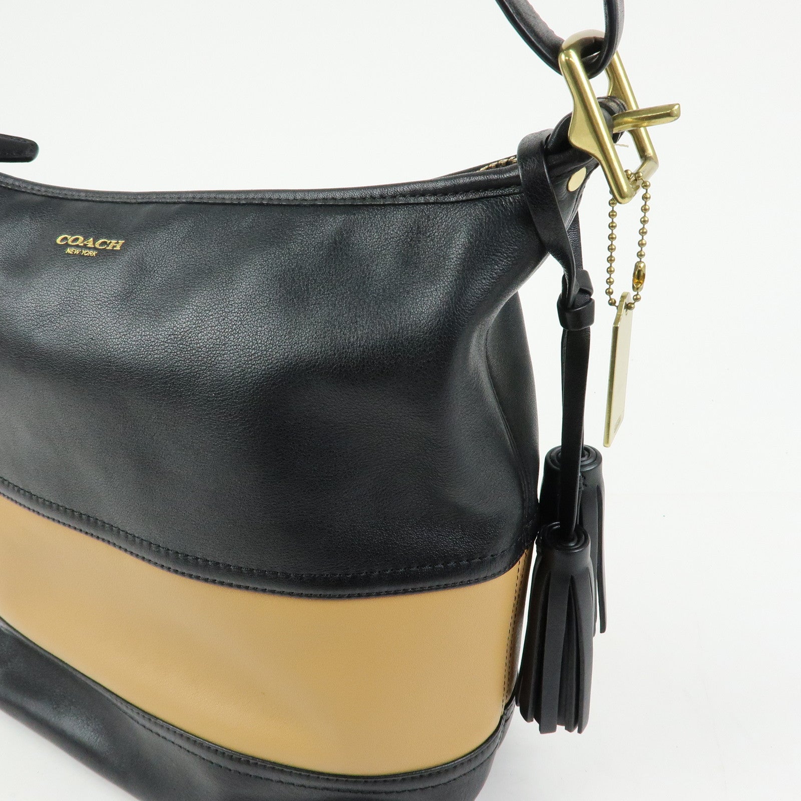 COACH Leather Shoulder Bag Tassel Charm Black Beige