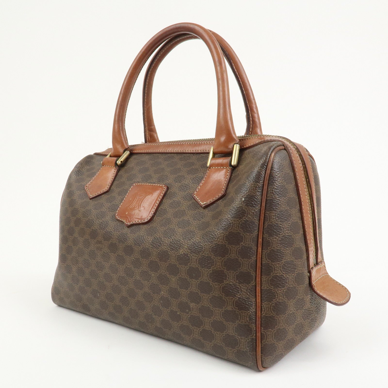 CELINE Macadam PVC Canvas Leather Boston Bag Hand Bag Brown