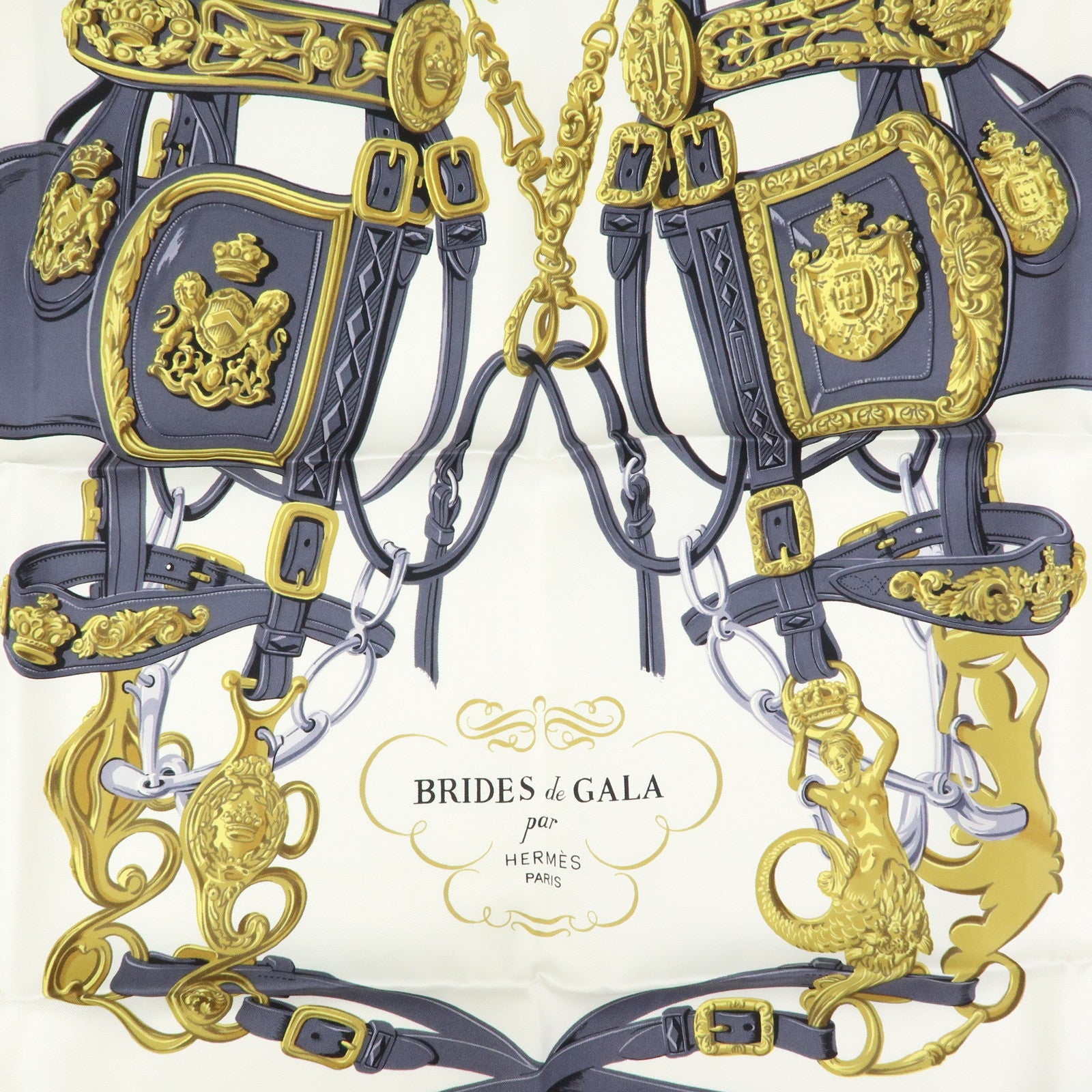 HERMES Carre 90 Silk 100% Scarf  BRIDES DE GALA Blue White