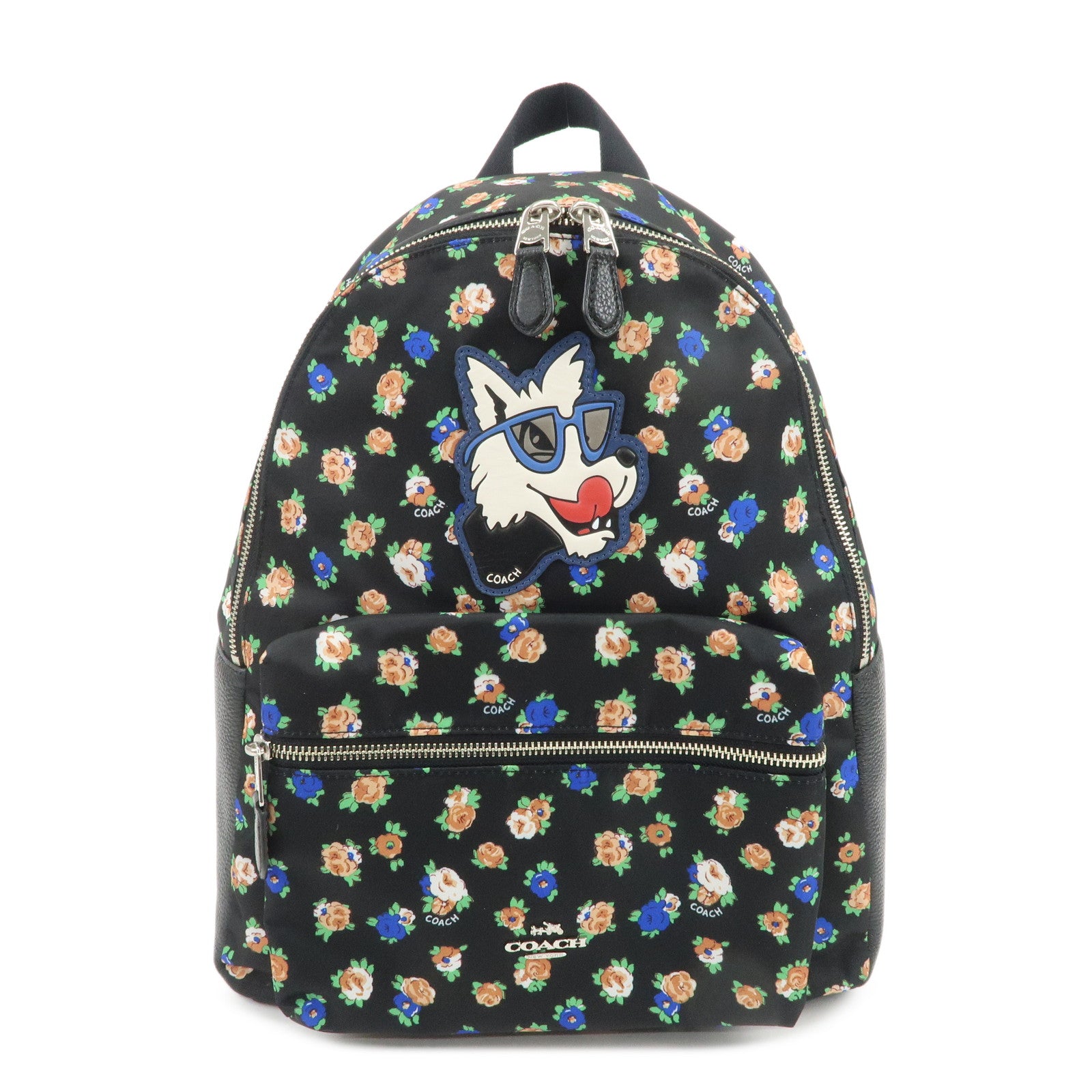 COACH Charlie Nylon Leather Floral Backpack Rucksack Black