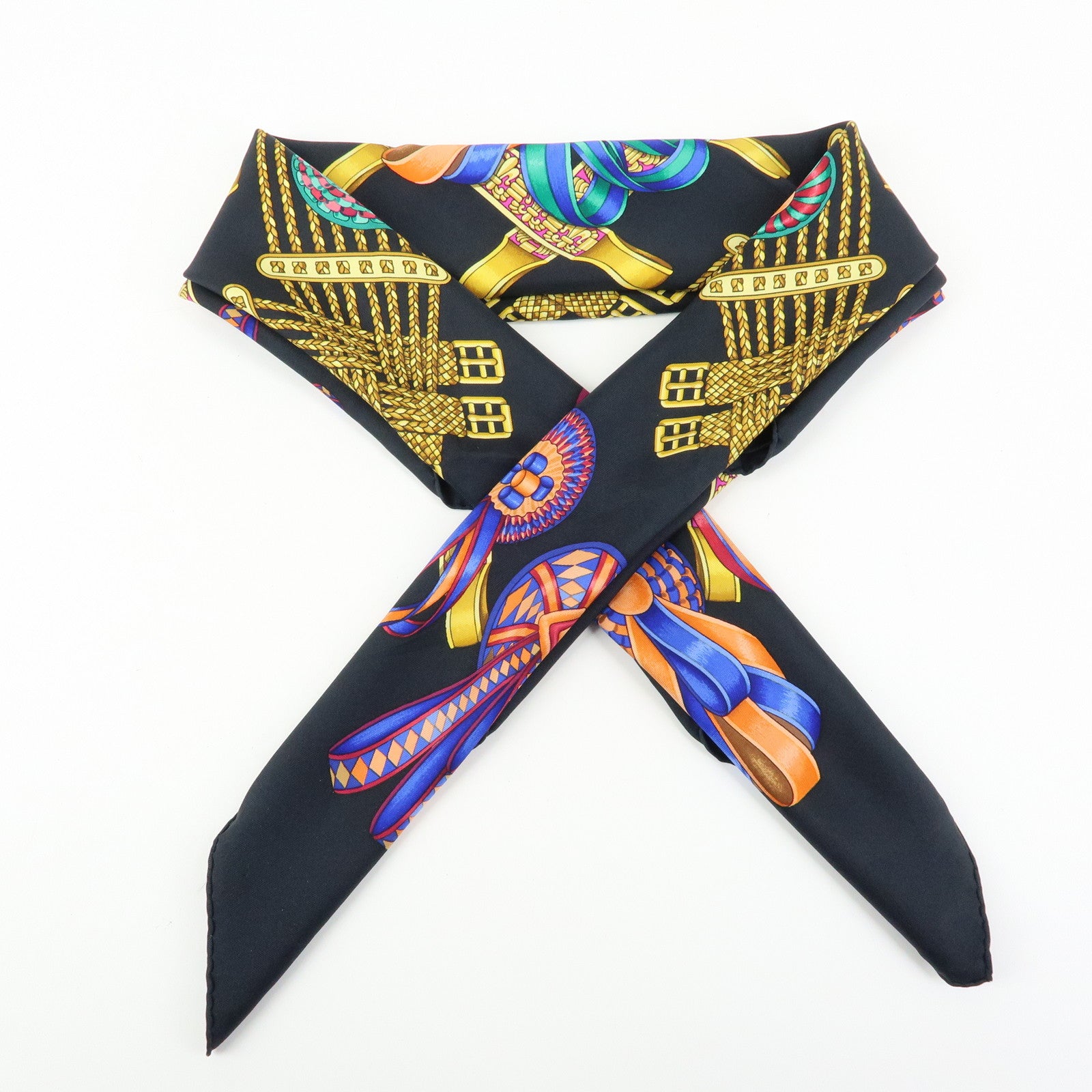 HERMES Carre 90 Silk 100% Scarf LES RUBANS DU CHEVAL Black