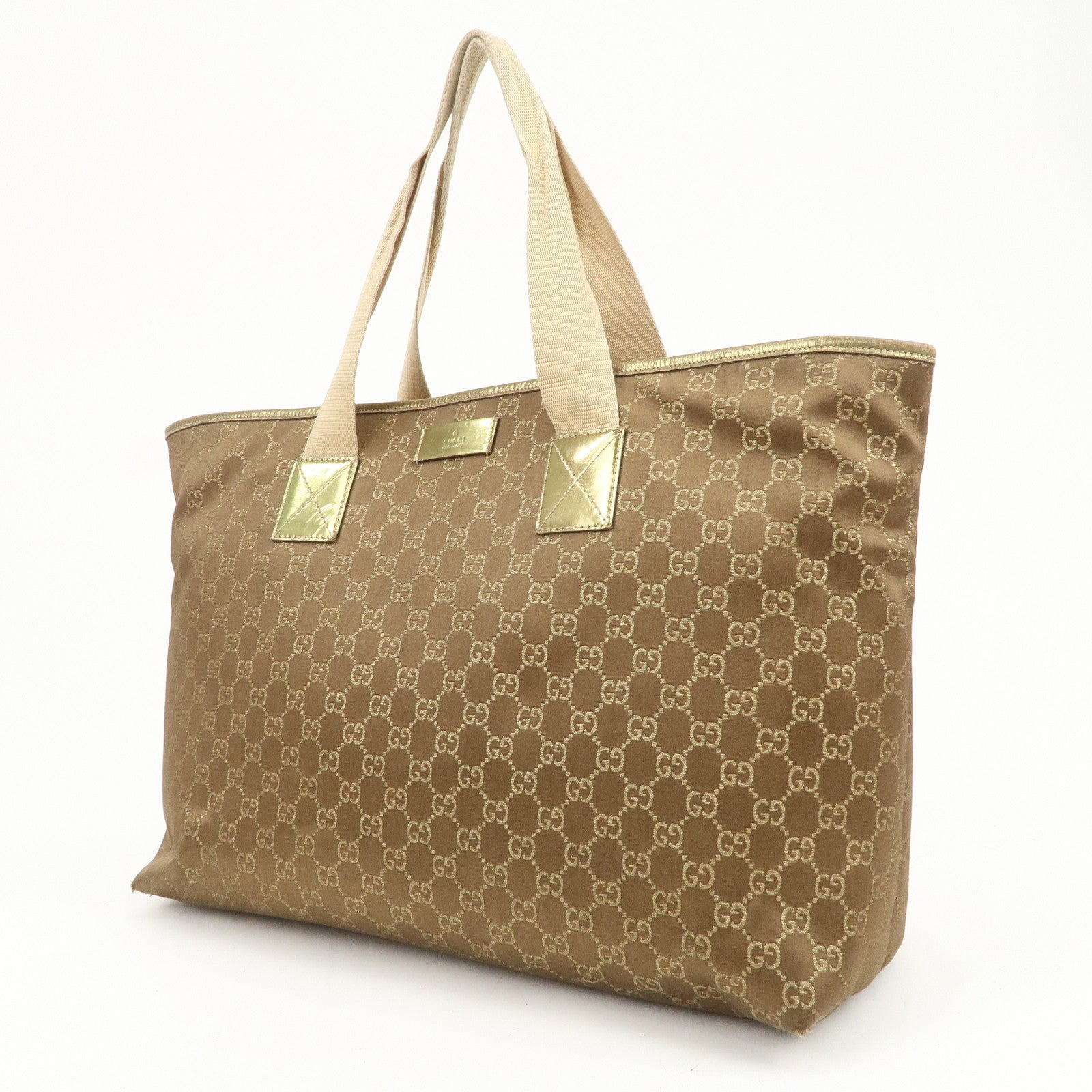GUCCI Logo GG Canvas Leather Tote Bag Hand Bag Brown Gold 267474