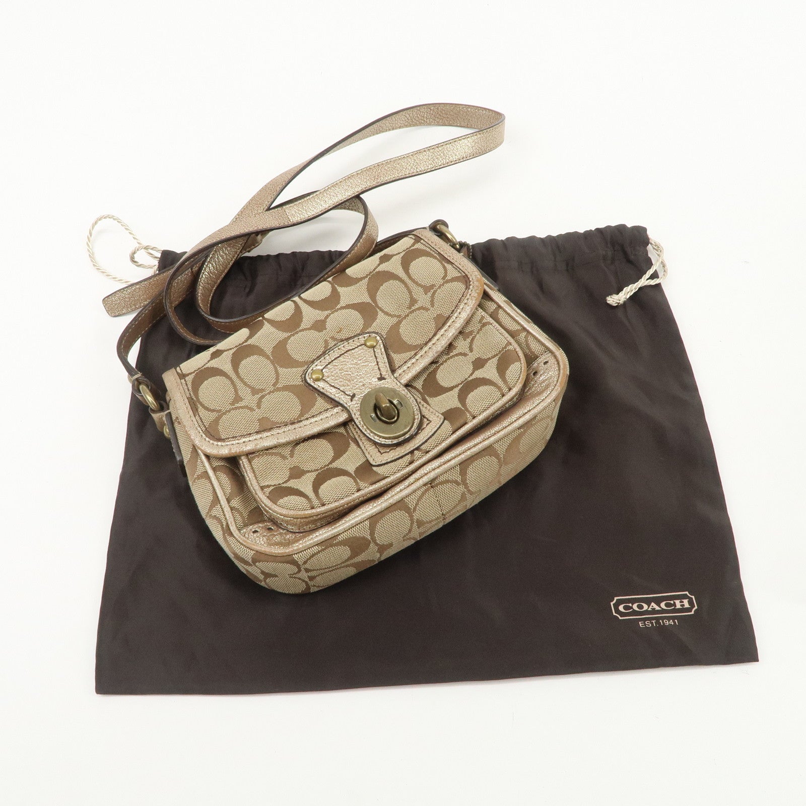 COACH Signature Set of 3 Shoulder Bag Hand Bag Beige Brown Gold