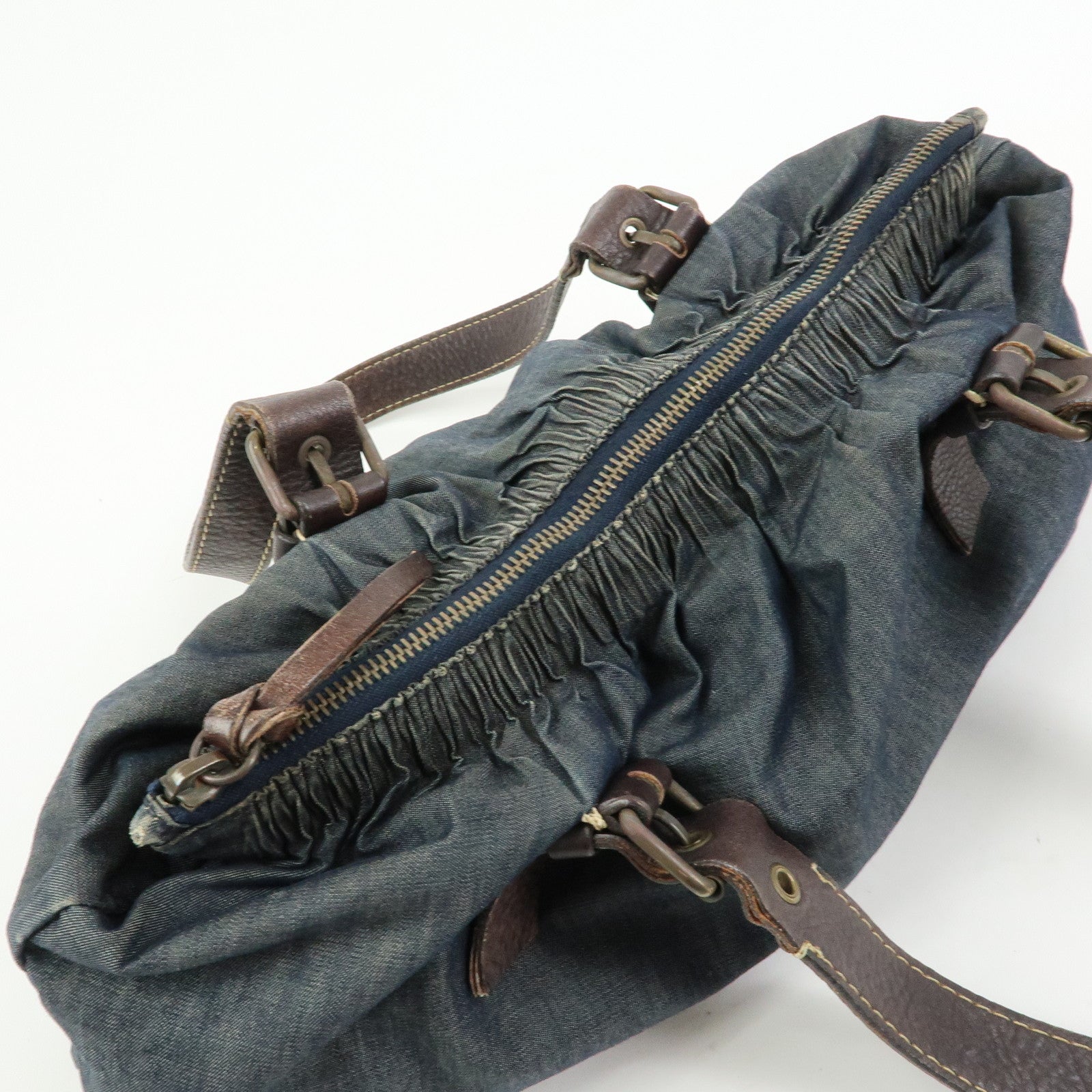 MIU MIU Denim Leather Shoulder Bag Hand Bag Indigo Blue Brown