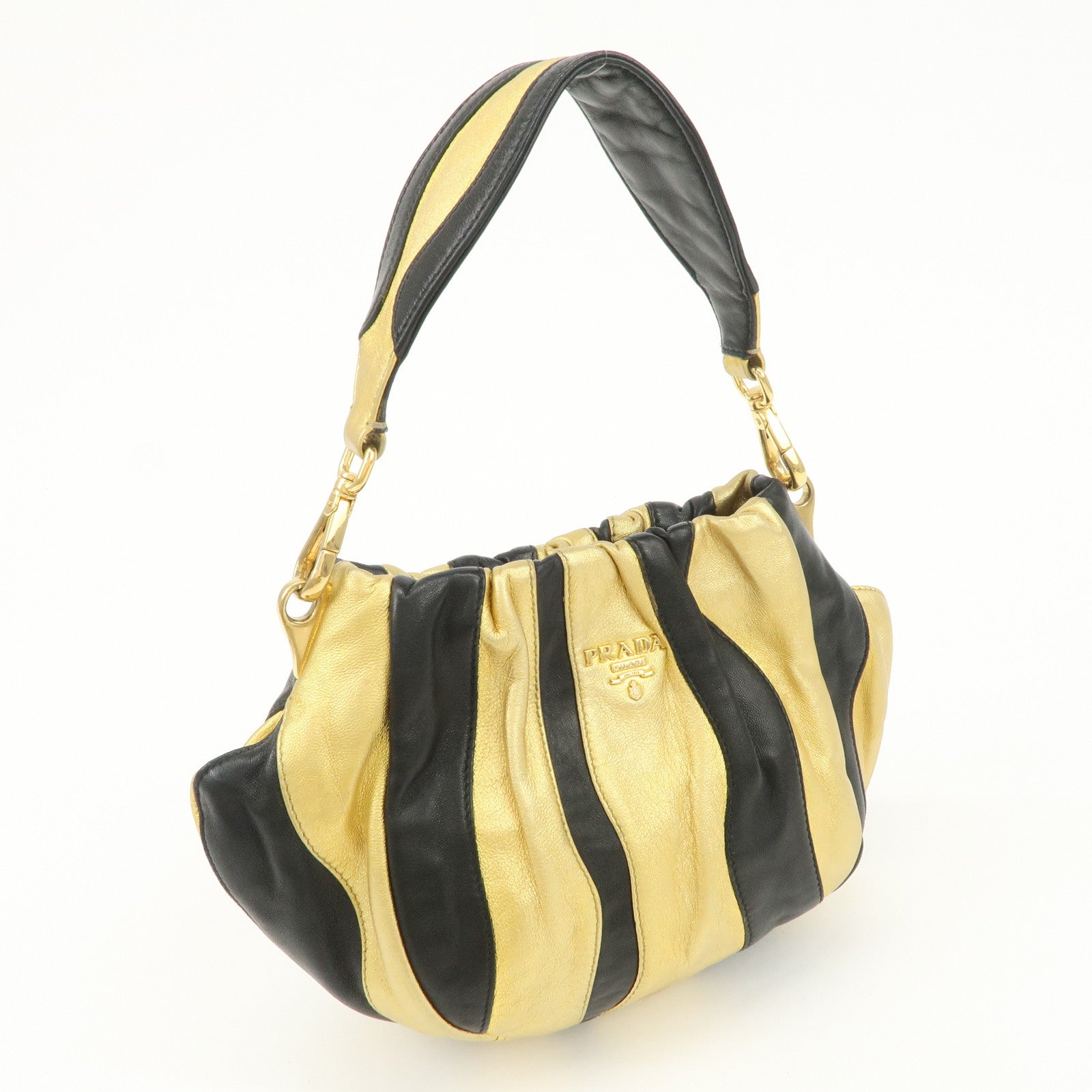 PRADA Leather Hand Bag Black Gold Hardware