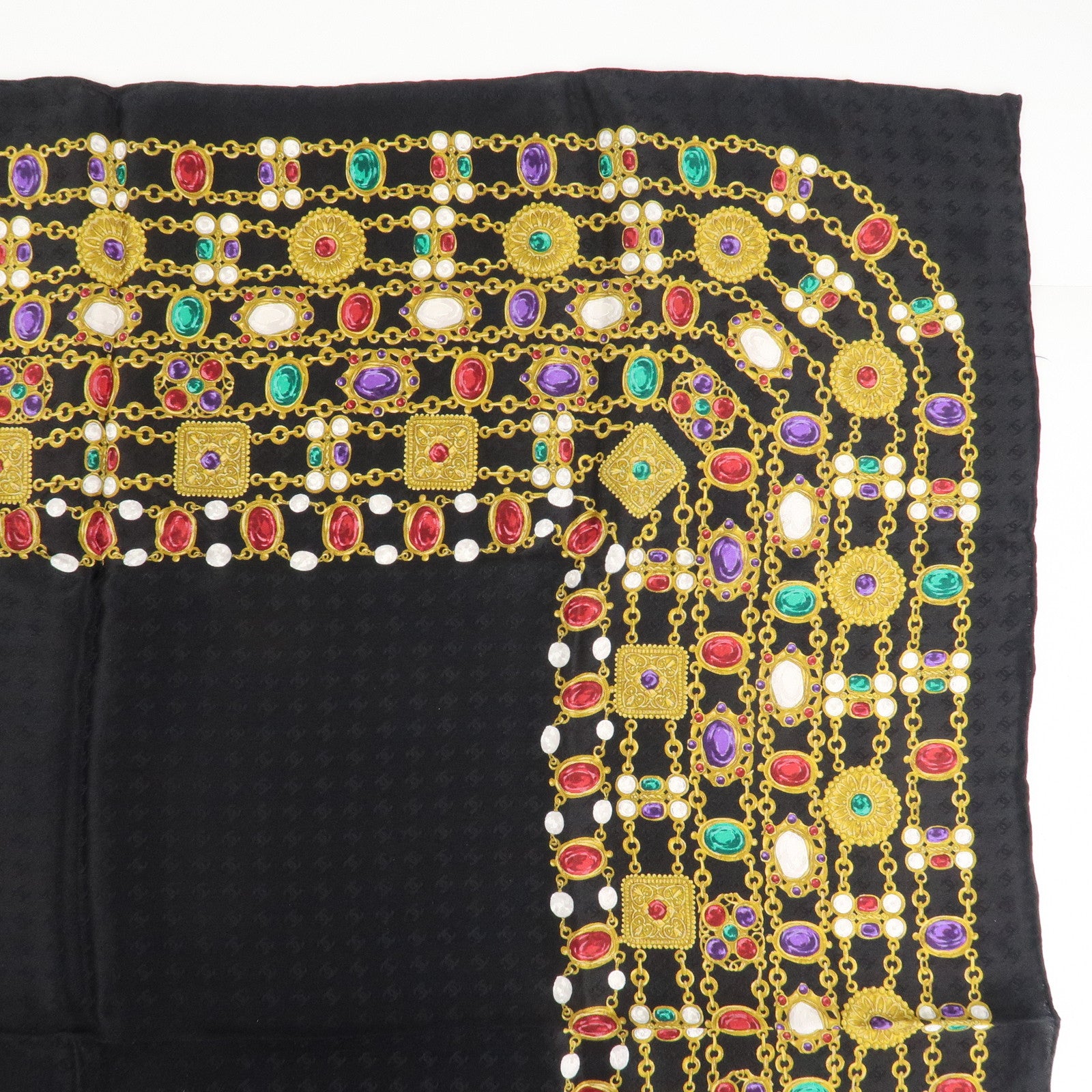 CHANEL COCO Mark Silk 100 % Jewelry Pattern Scarf Black Multi Color Used