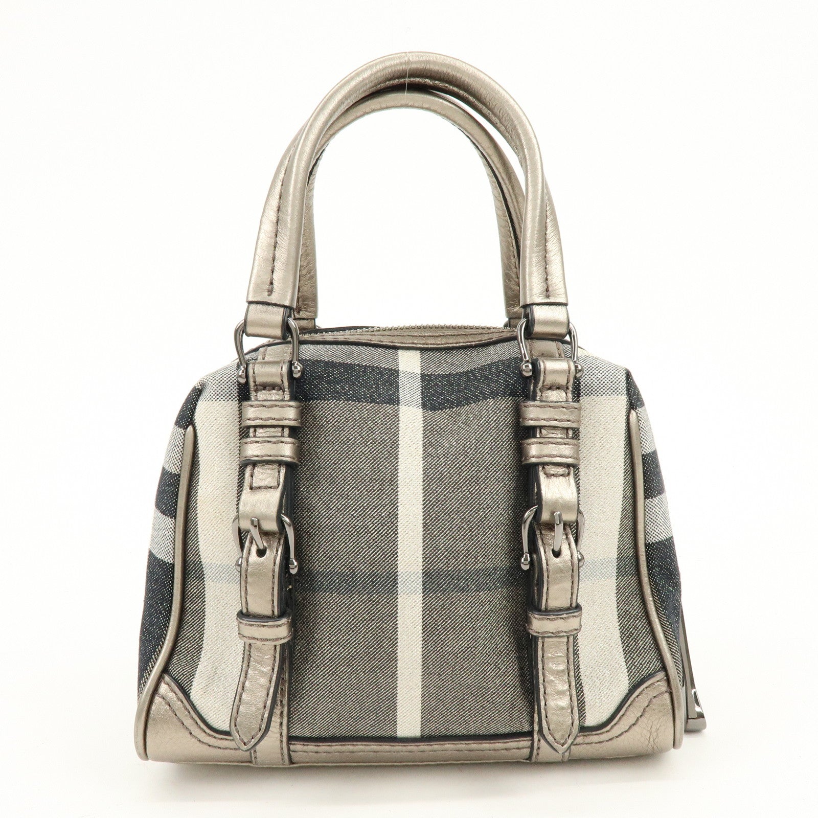 BURBERRY Plaid Canvas Leather Hand Bag Gray Champagne Gold