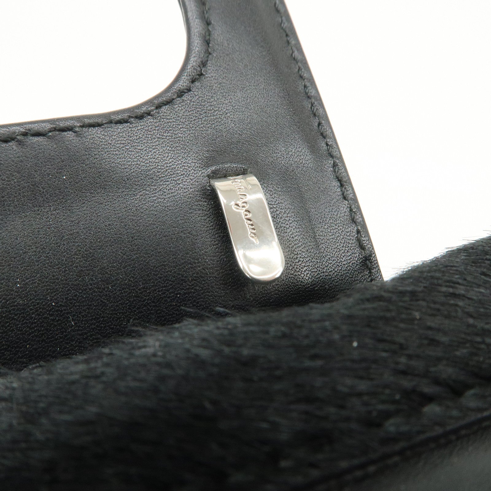 Ferragamo Gancini Leather Unborn Calf Hand Bag Black Used