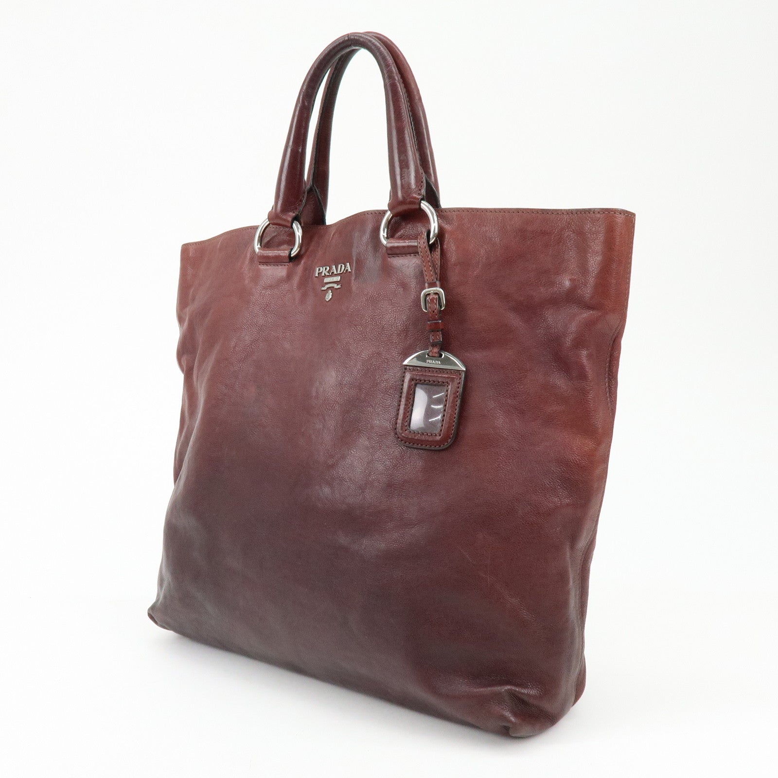 PRADA Triangle Logo Gradation Leather Tote Bag Hand Bag Bordeaux