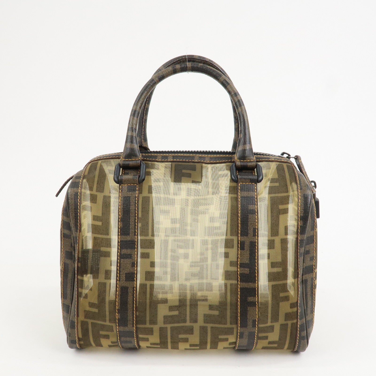 FENDI Zucca Mesh PVC Leather Boston Bag Hand Bag Brown 8BL092