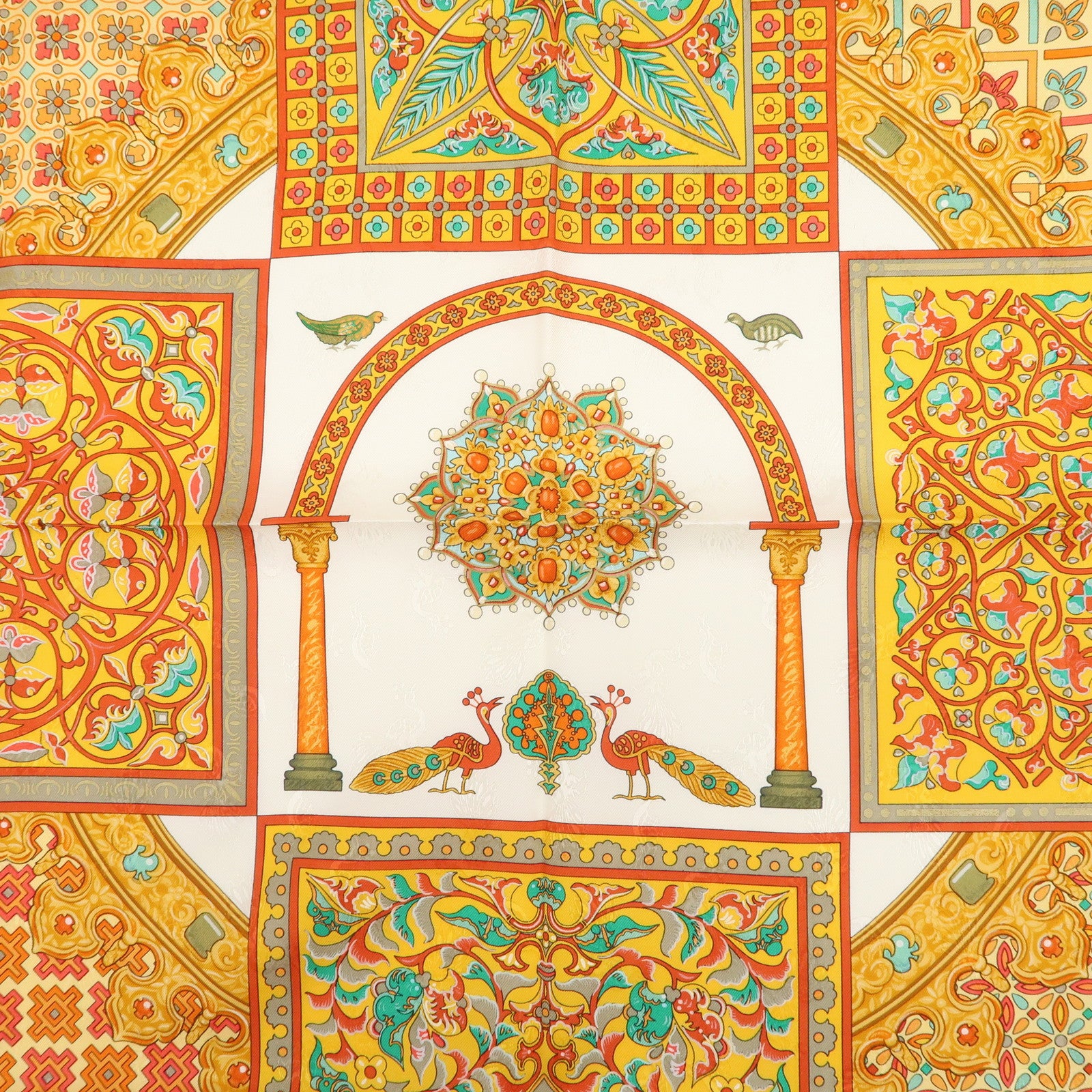 HERMES Carre 90 Silk 100% Scarf CIELS BYZANTINS Orange White