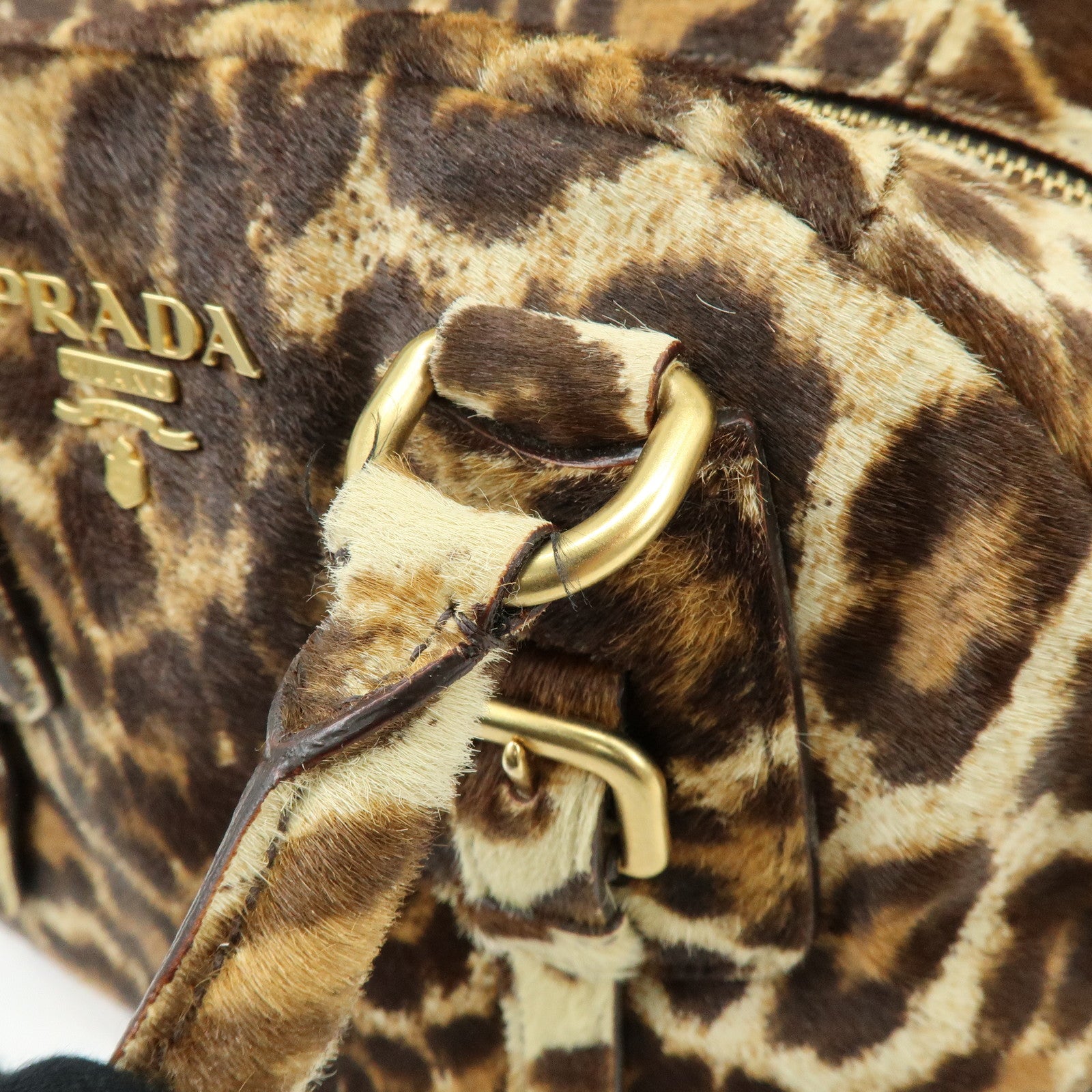PRADA Pony Hair Leopard 2Way Boston Bag Shoulder Bag Brown BL0429