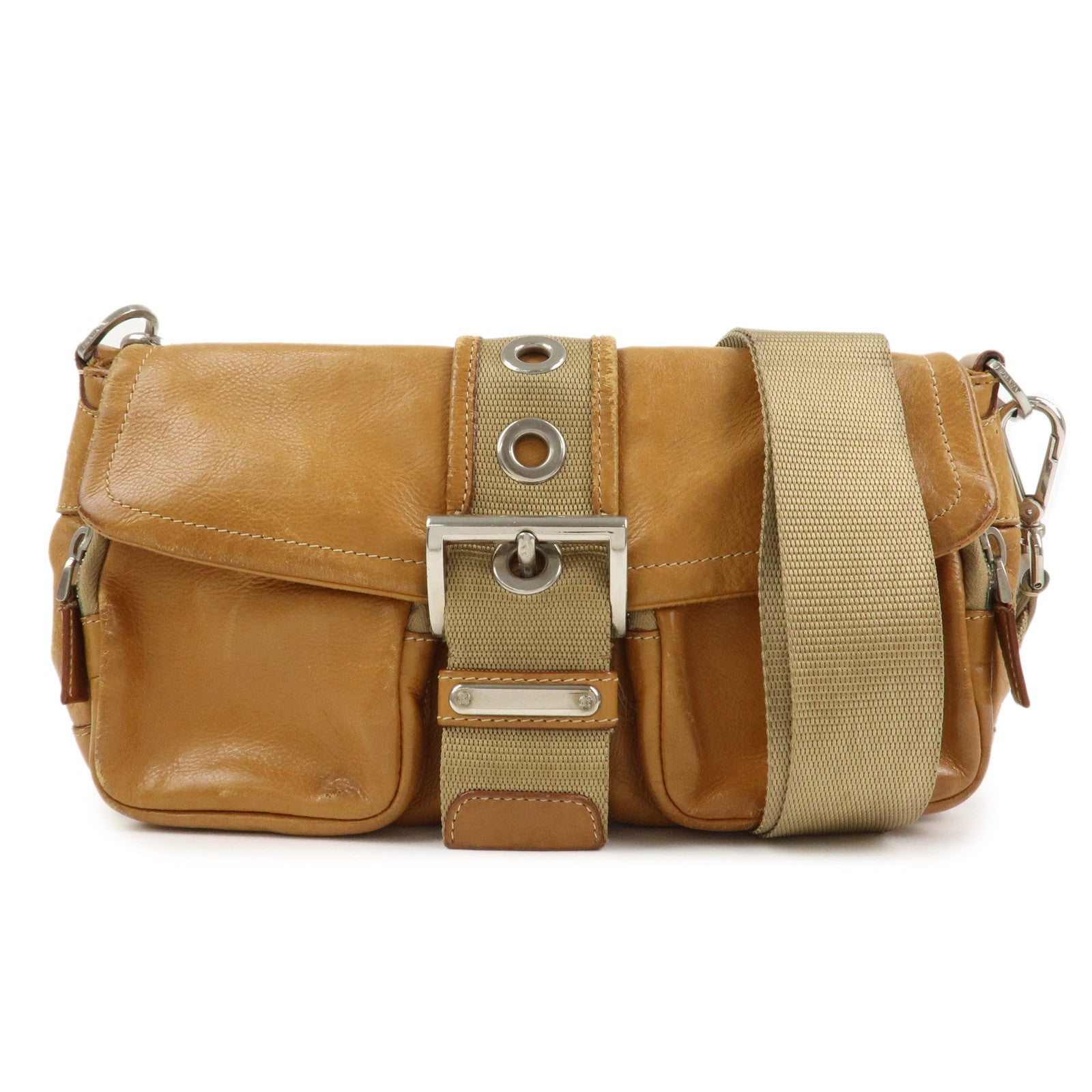 PRADA Triangle Logo Leather Front Pocket Shoulder Bag Brown BR2417