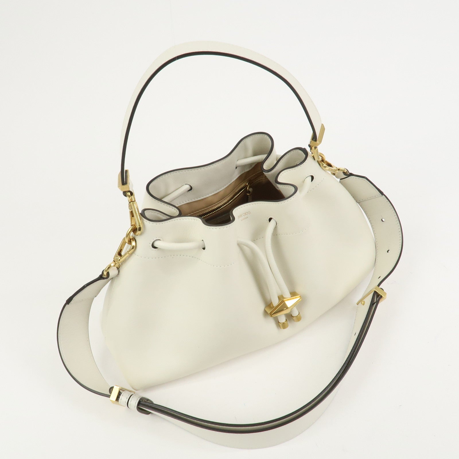 JIMMY CHOO Cinch Calf Leather Medium 2Way Hand Shoulder Bag Ivory