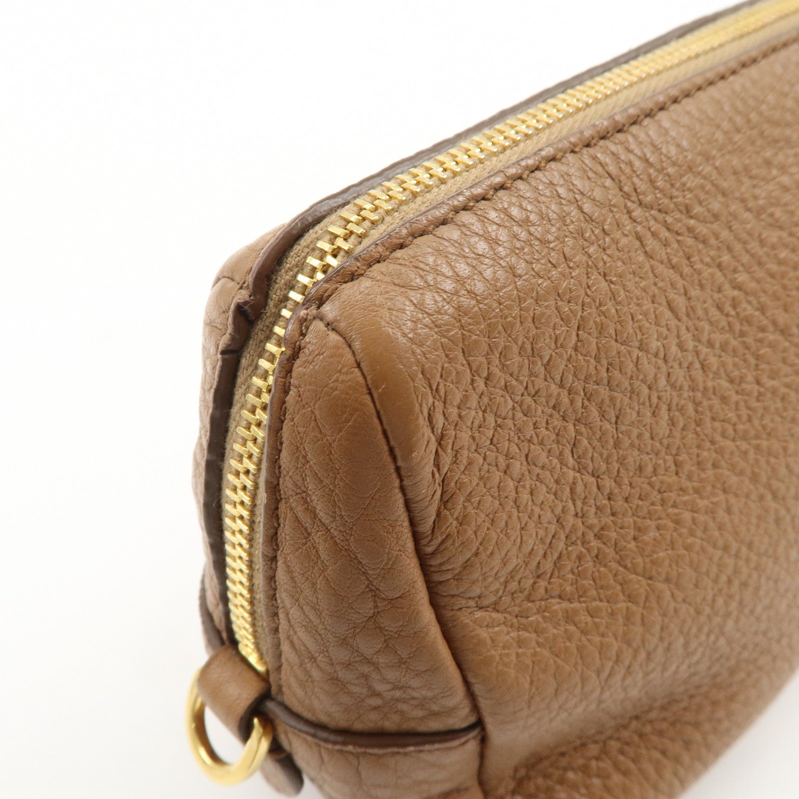 PRADA Logo Leather Pouch Cosmetic Pouch Camel