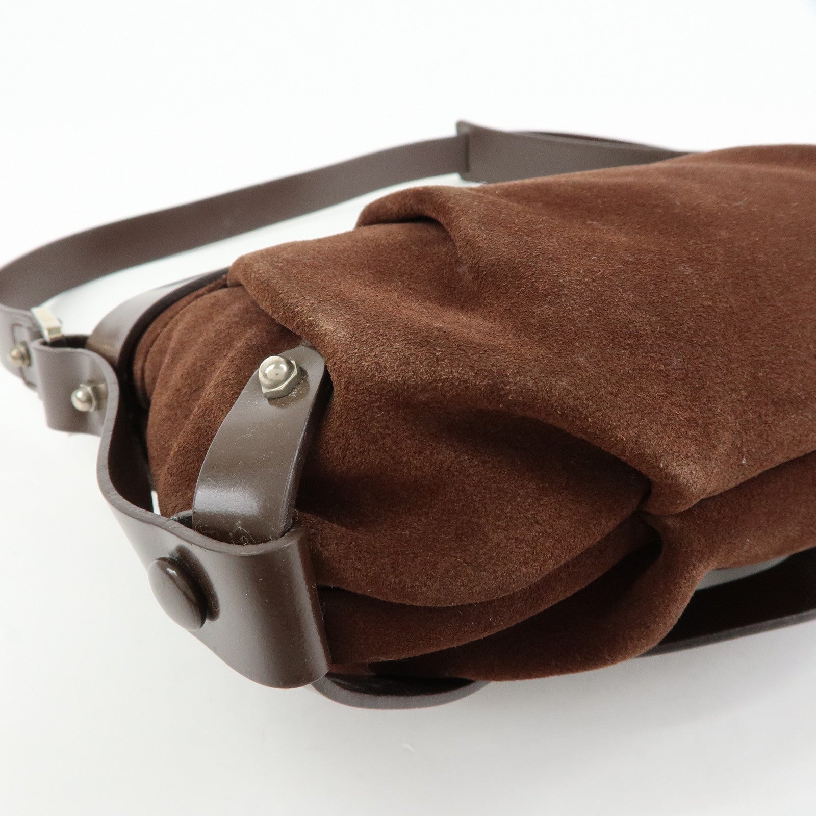 Ferragamo Gancini Suede Leather Hand Bag Shoulder Bag Dark Brown