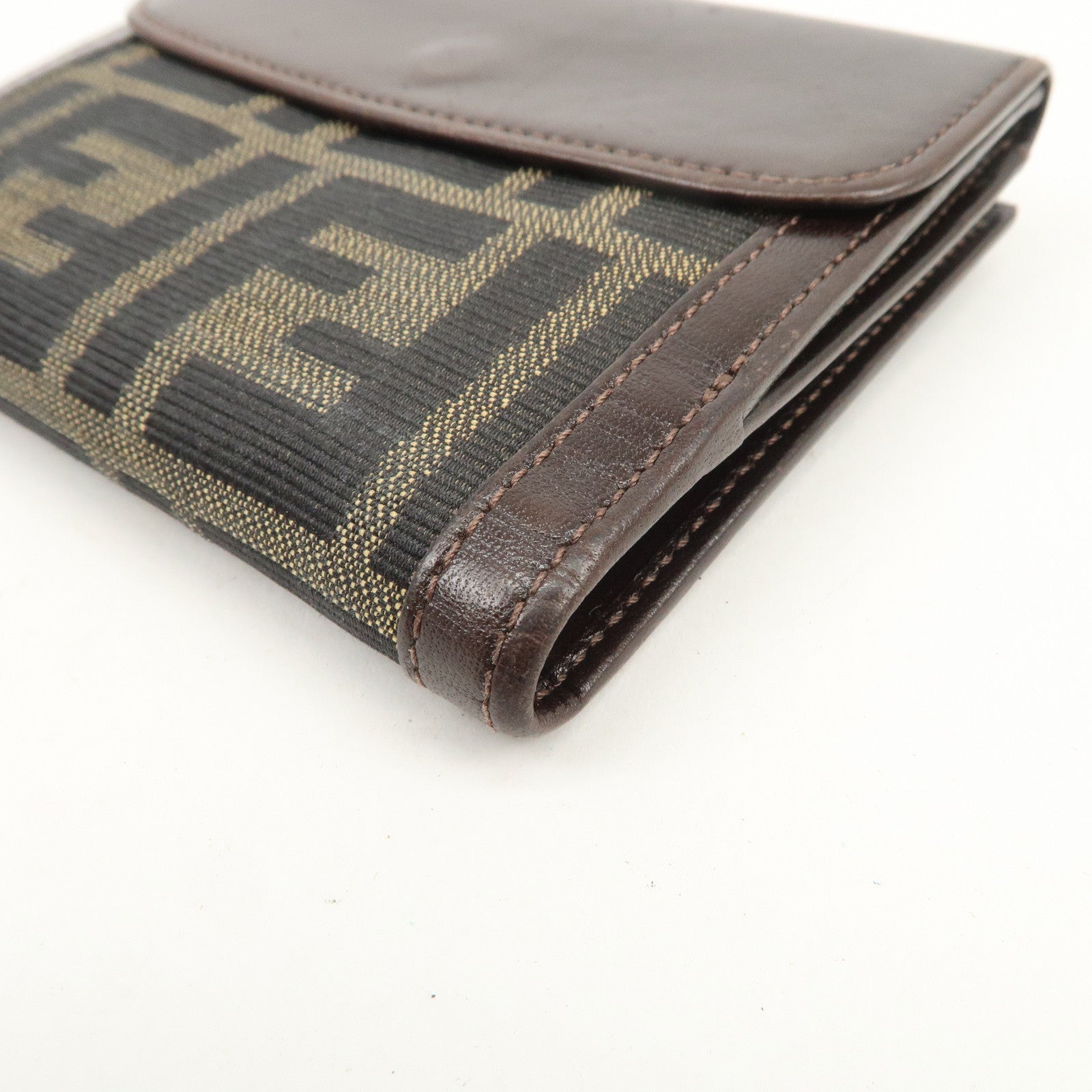 FENDI Zucca Logo Canvas Leather Compact Wallet Brown 12671