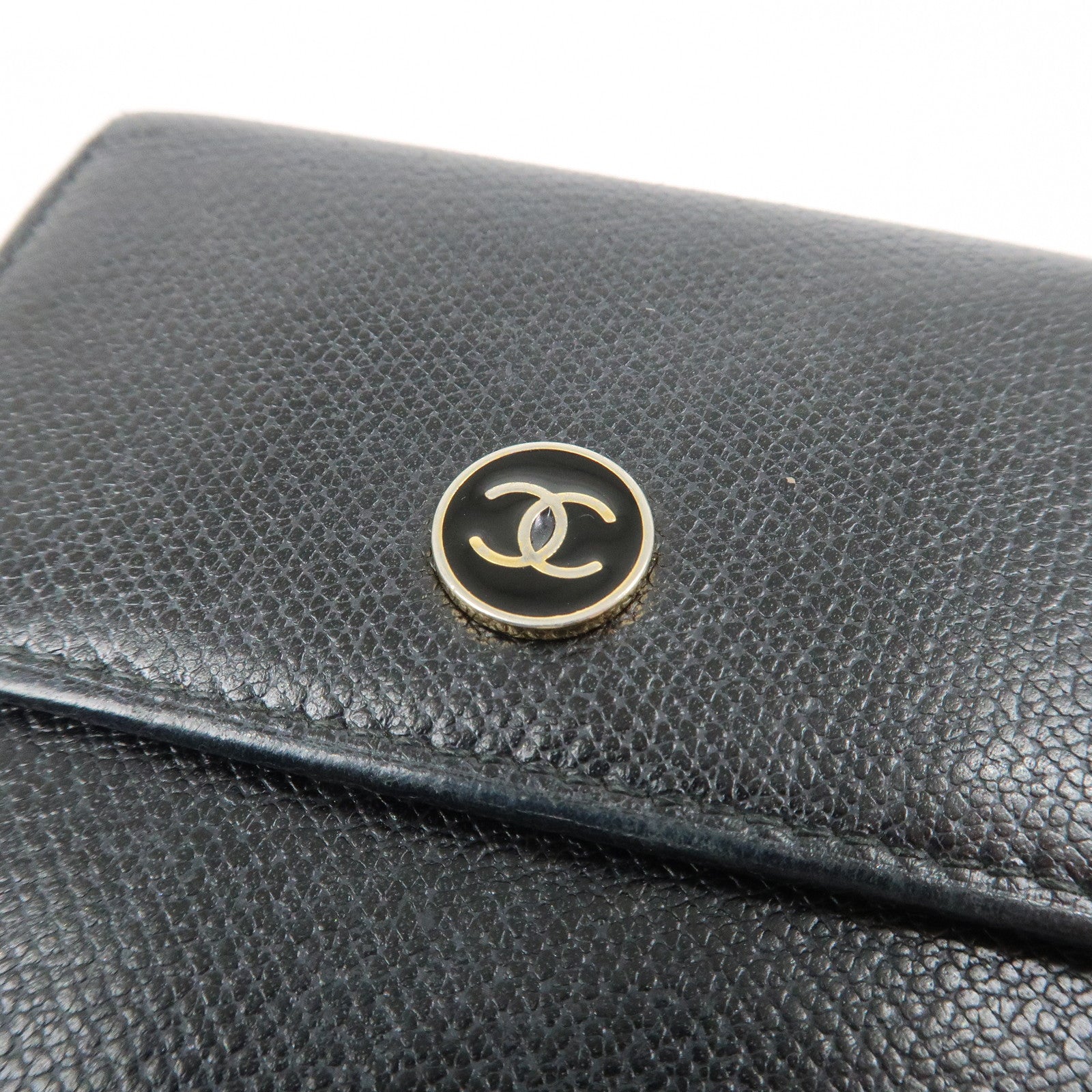 CHANEL COCO Button Leather W Hook Compact Wallet Black  A20902