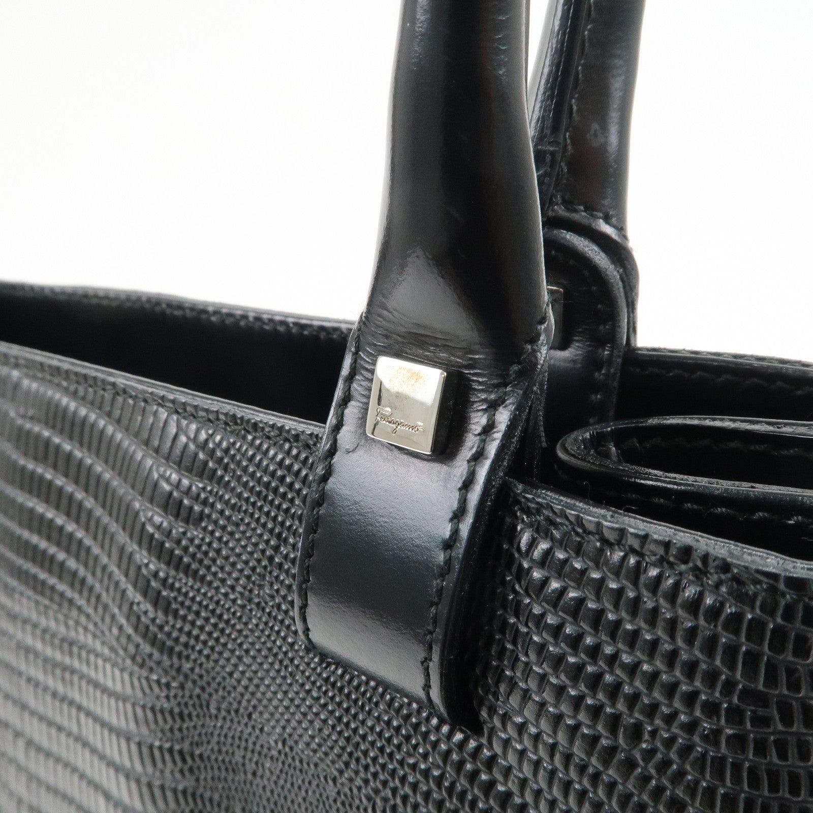 Ferragamo Gancini Embossed Leather Tote Bag Hand Bag Black