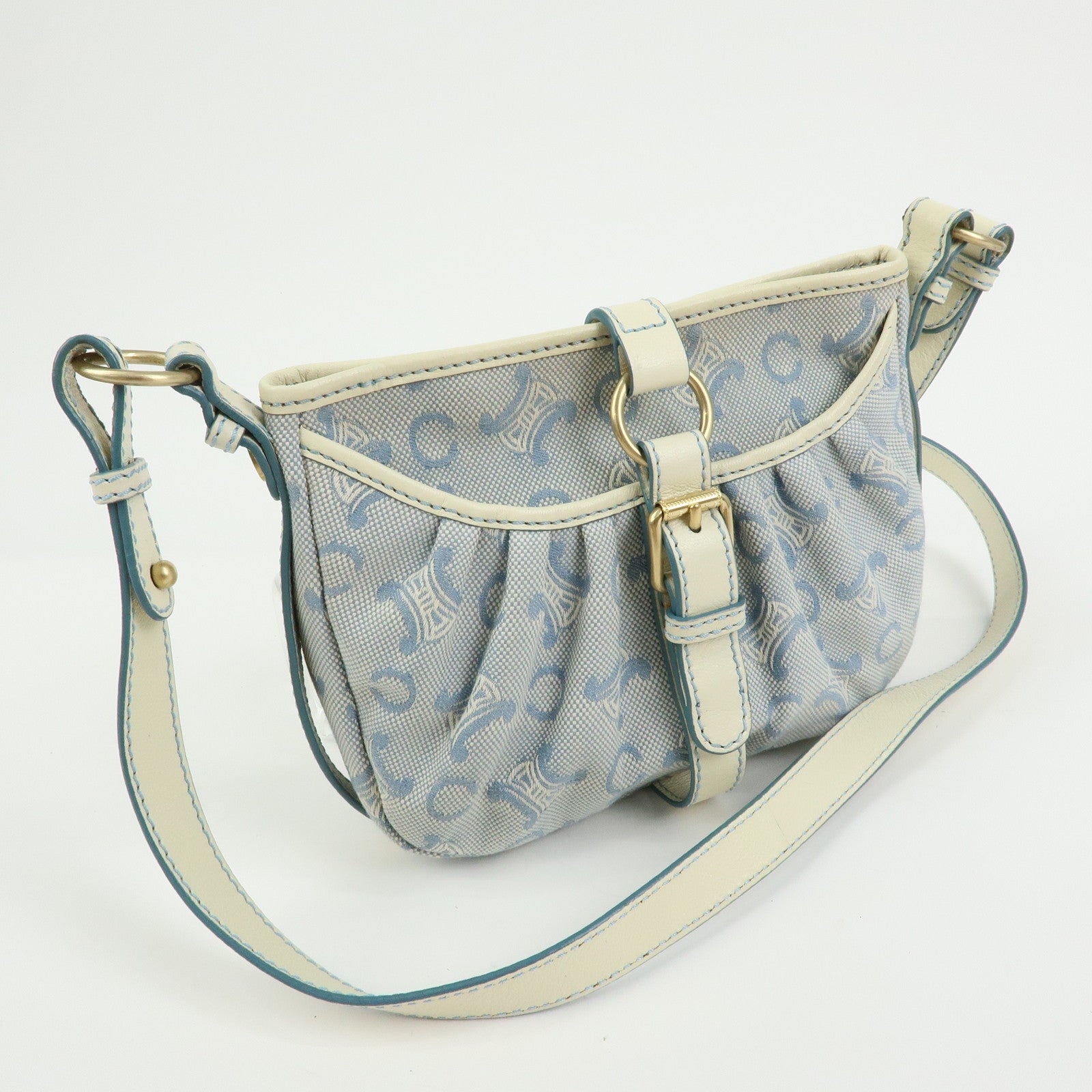 CELINE Macadam Canvas Leather Shoulder Bag Crossbody Bag Light Blue