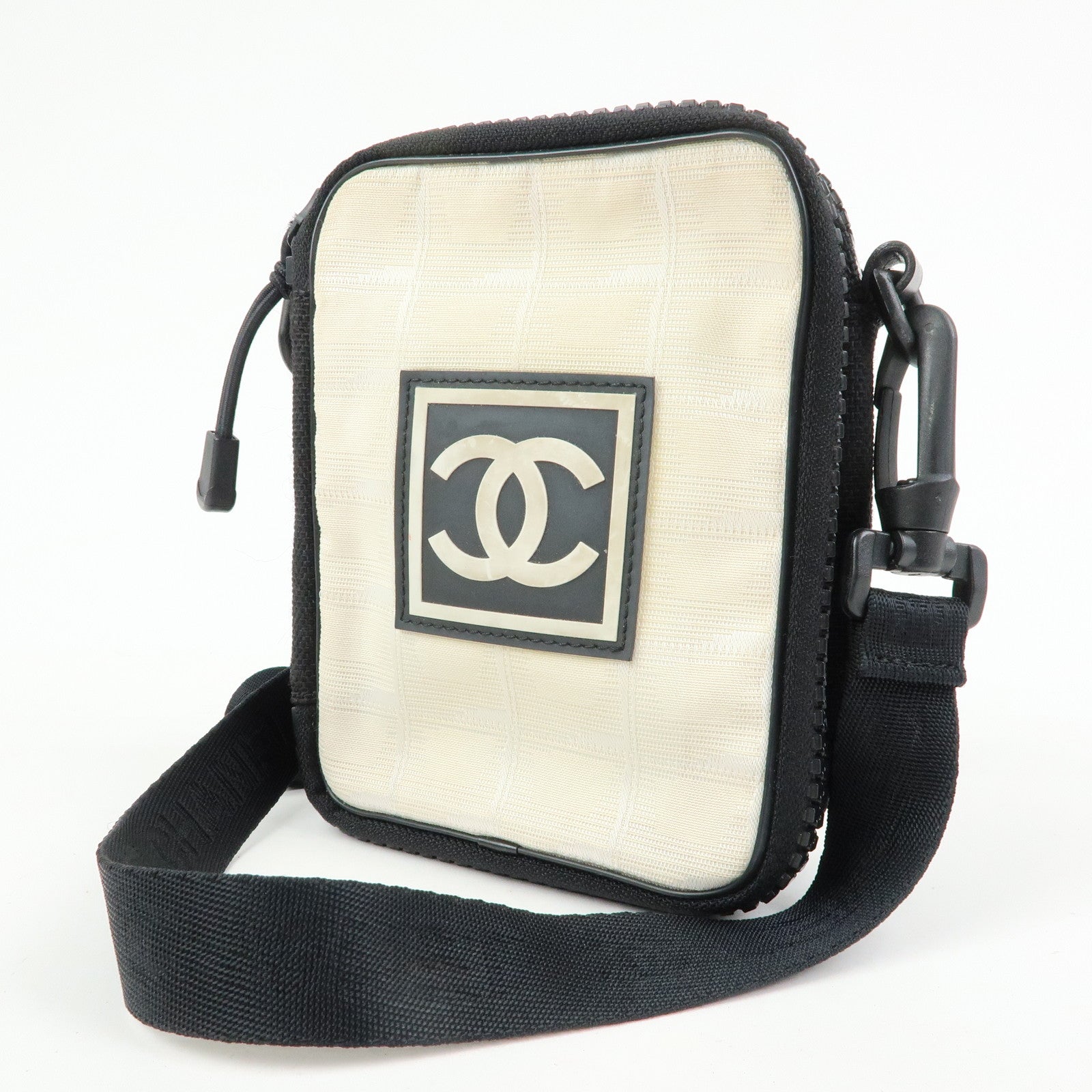 CHANEL New Travel Line Nylon Jacquard Shoulder Bag Beige Black