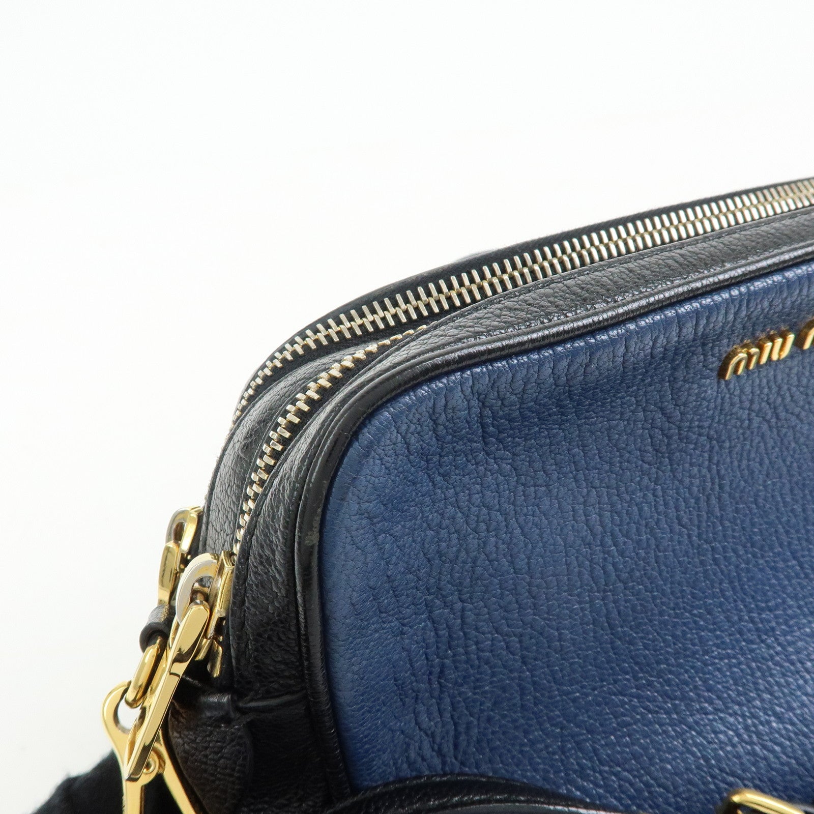 MIU MIU Logo Leather Shoulder Bag Crossbody Bag Blue Black