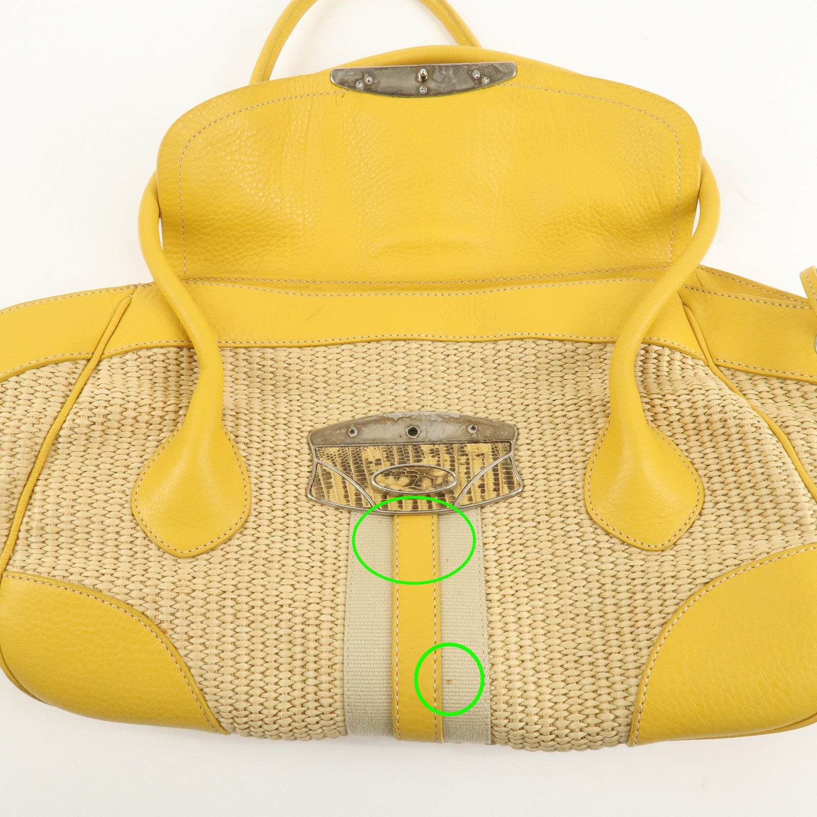 PRADA Triangle Logo Leather Raffia Tote Bag Beige Yellow Used