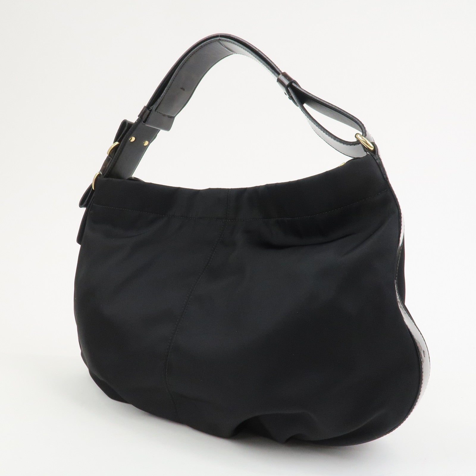 Ferragamo Nylon Patent Leather Shoulder Bag Hand Bag Leopard Black