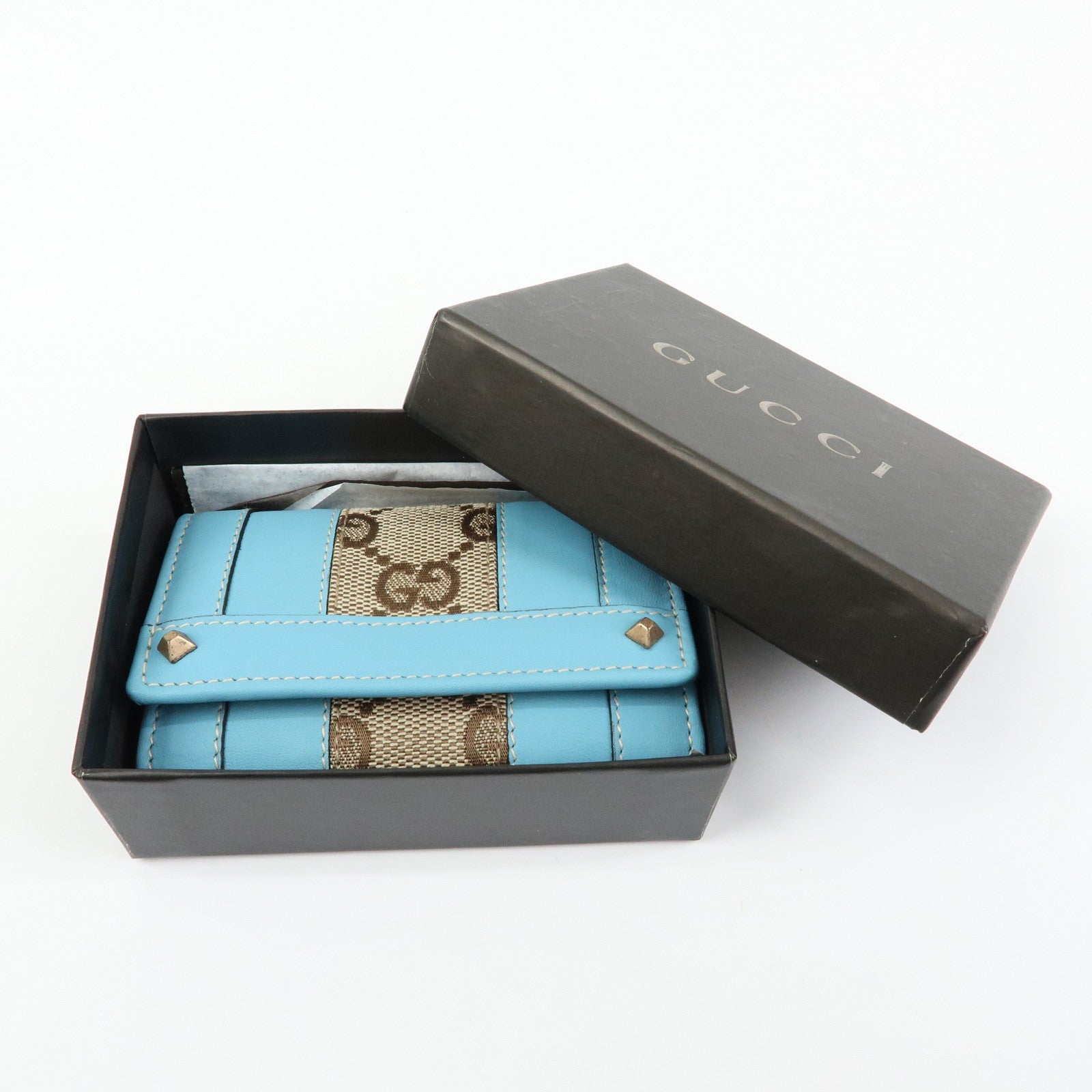 GUCCI GG Canvas Leather 6 Ring Key Case Light Blue Beige 120930