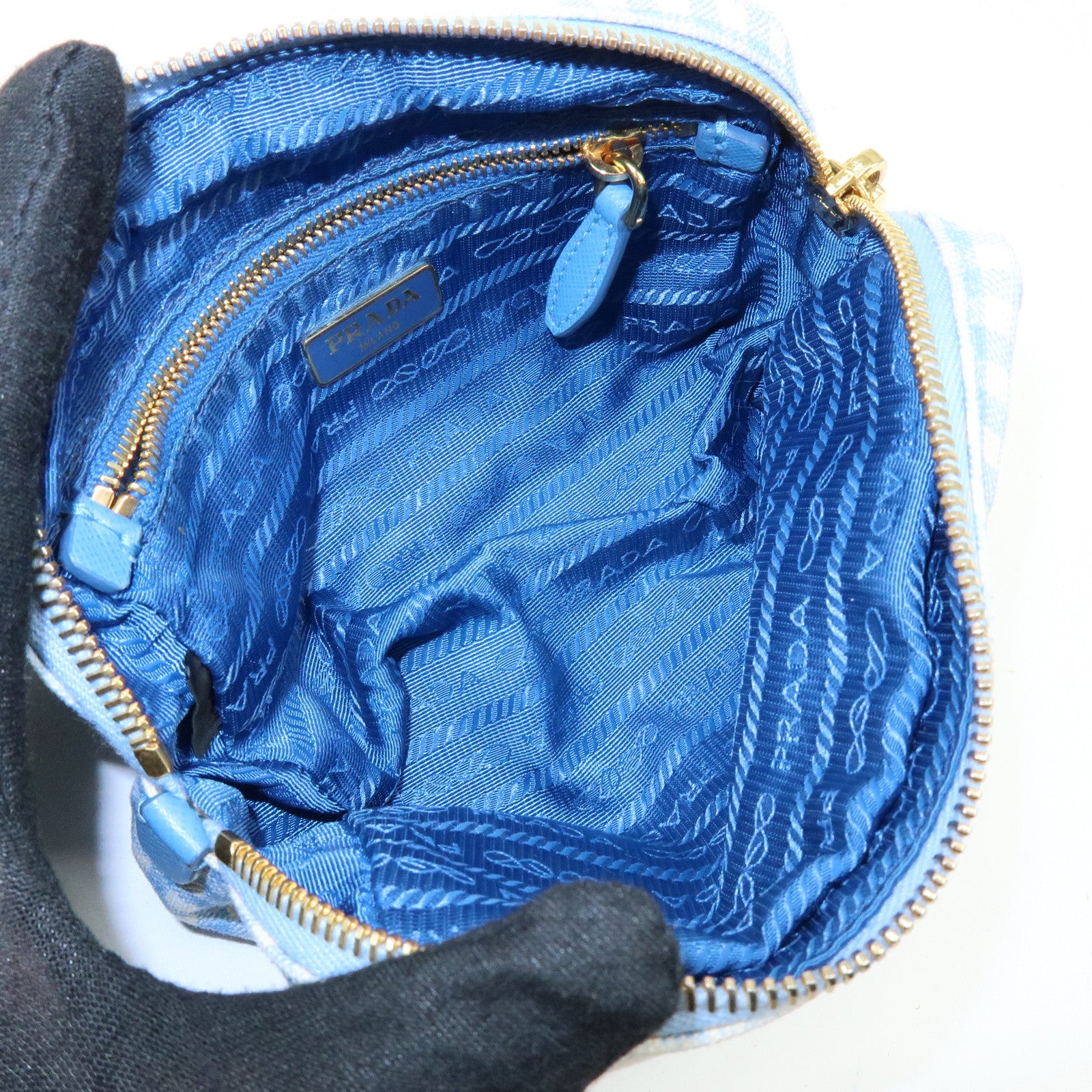 PRADA Triangle Logo Canvas Gingham Pattern Pouch Blue 1NA021