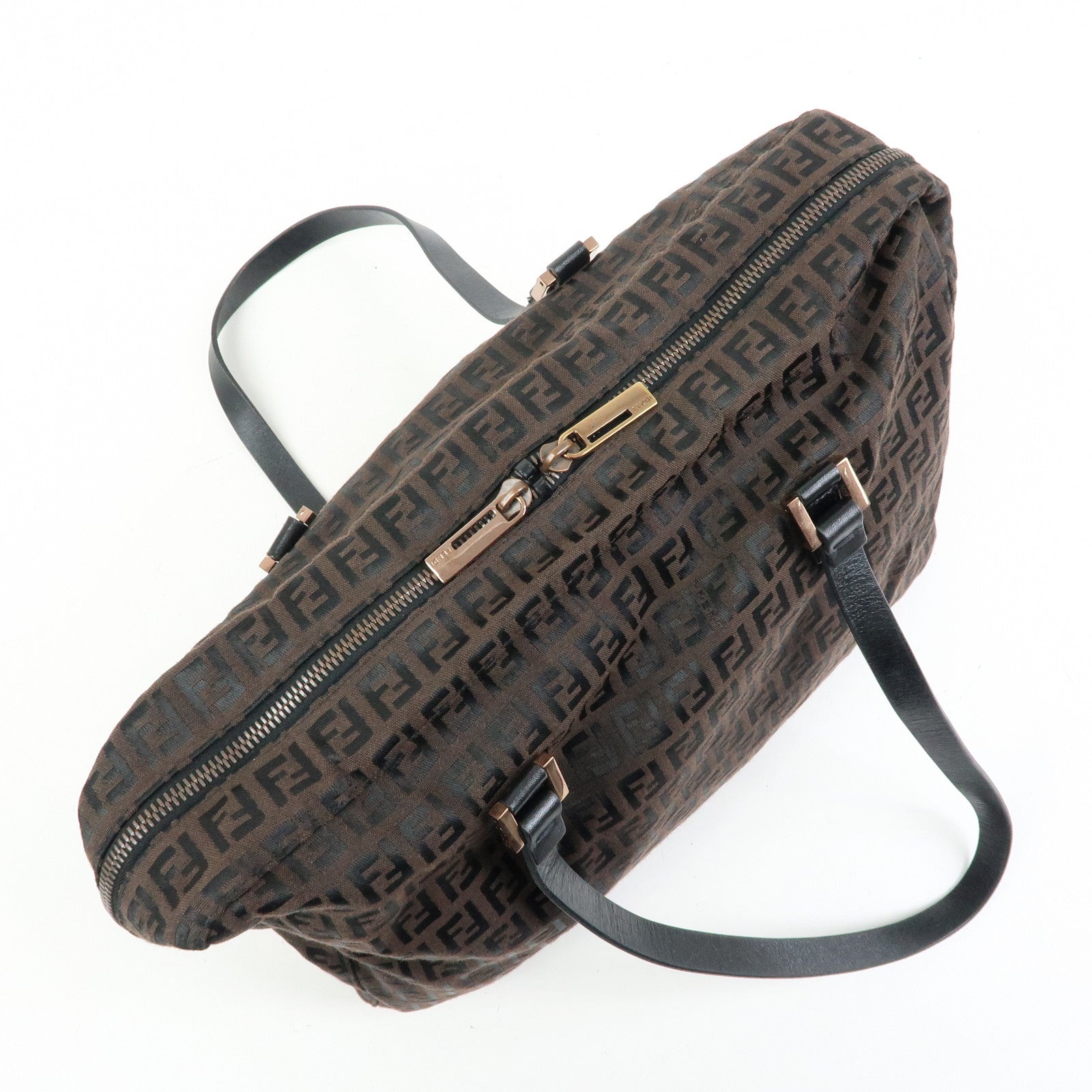 FENDI Zucchino Canvas Leather Tote Shoulder Boston Bag Brown 8BH031