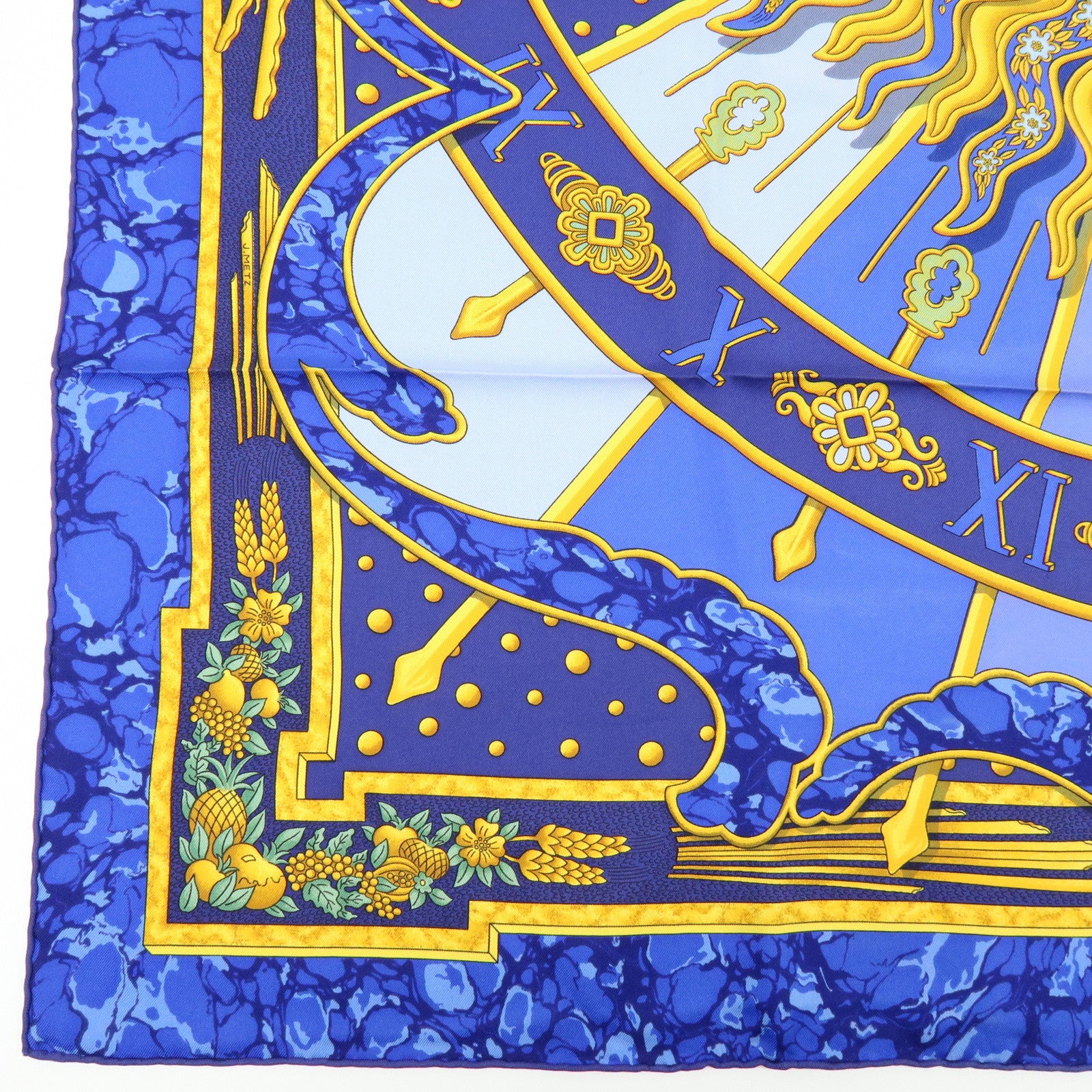 HERMES Carre 90 Silk 100% Scarf CARPE DIEM Blue Gold