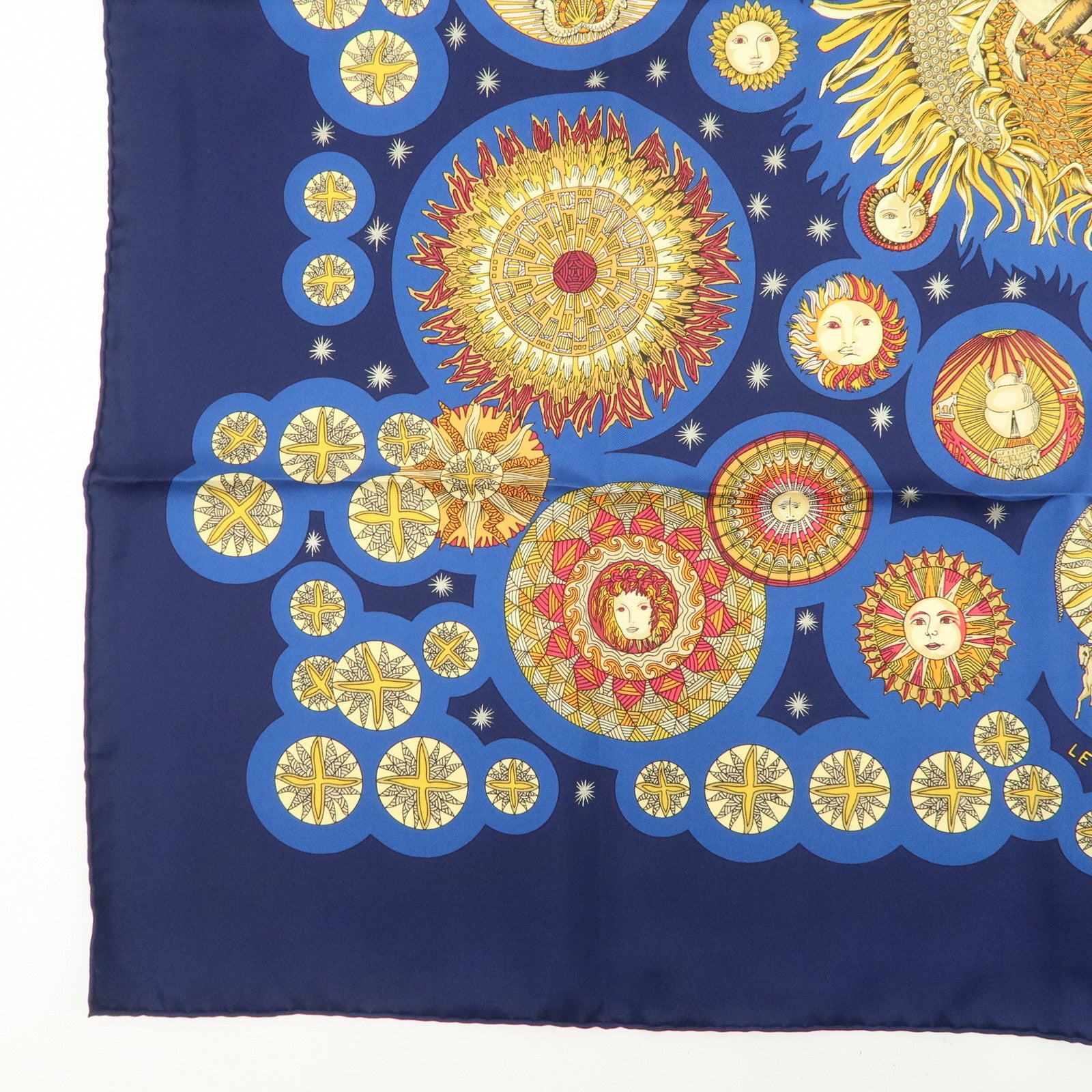 HERMES Carre 90 Silk 100% Scarf LE ROY SOLEIL Navy Yellow