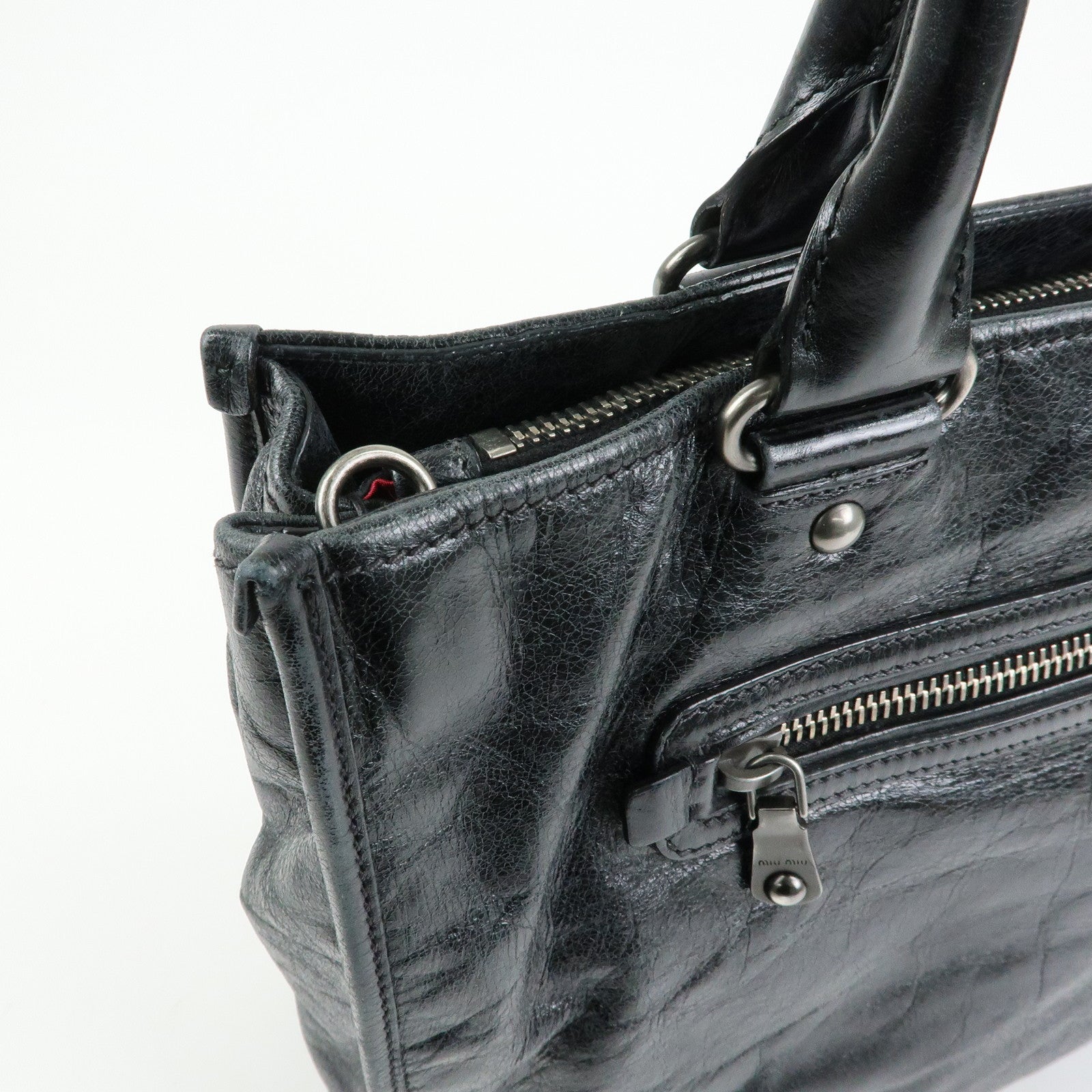 MIU MIU Leather Tote Bag Shoulder Bag Black Padlock Charm