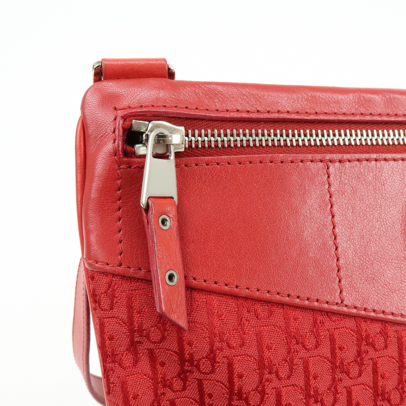 Christian Dior Trotter Jacguard Canvas Leather Shoulder Bag Red