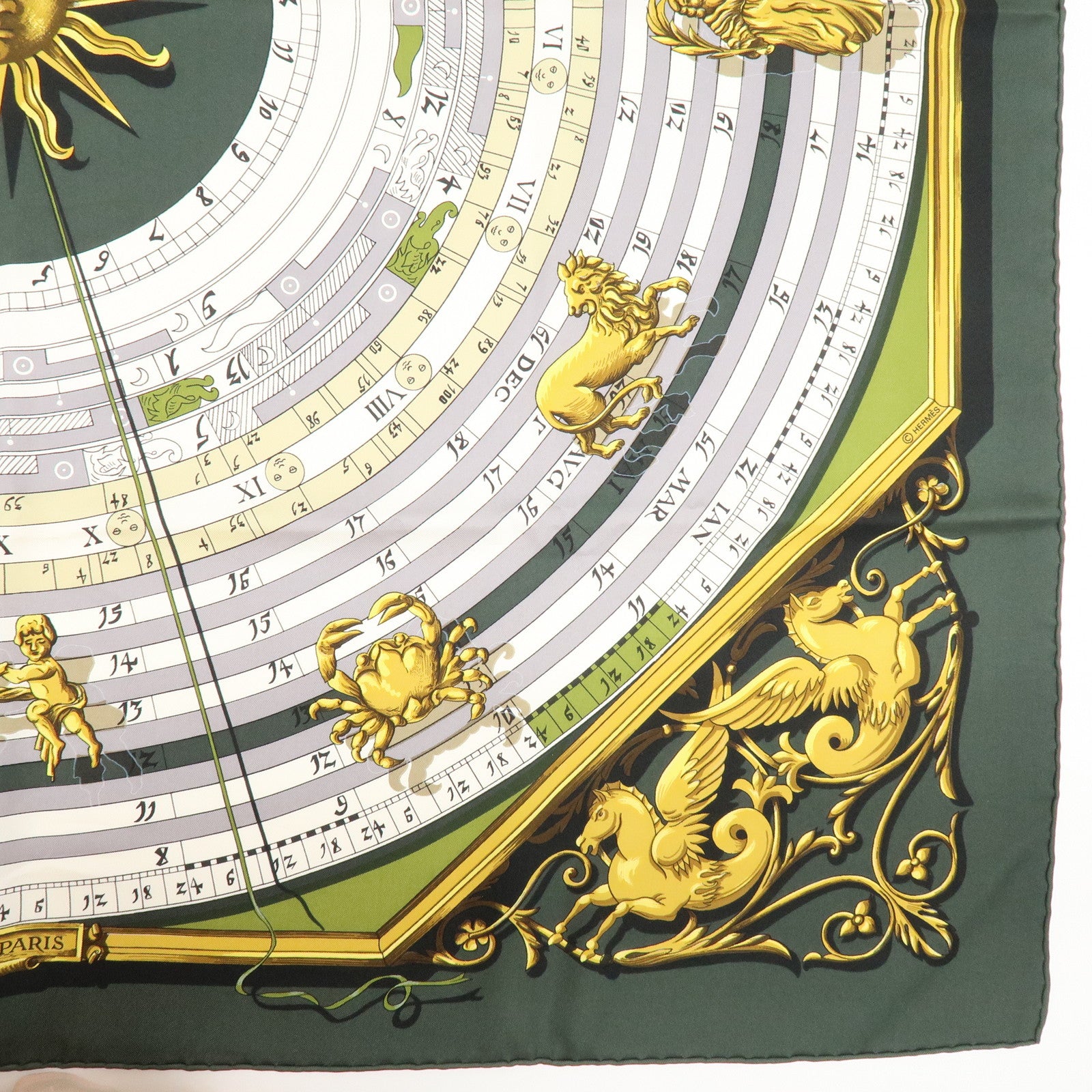 HERMES Carre 90 Silk 100% Scarf DIES ET HORE Green White Gold