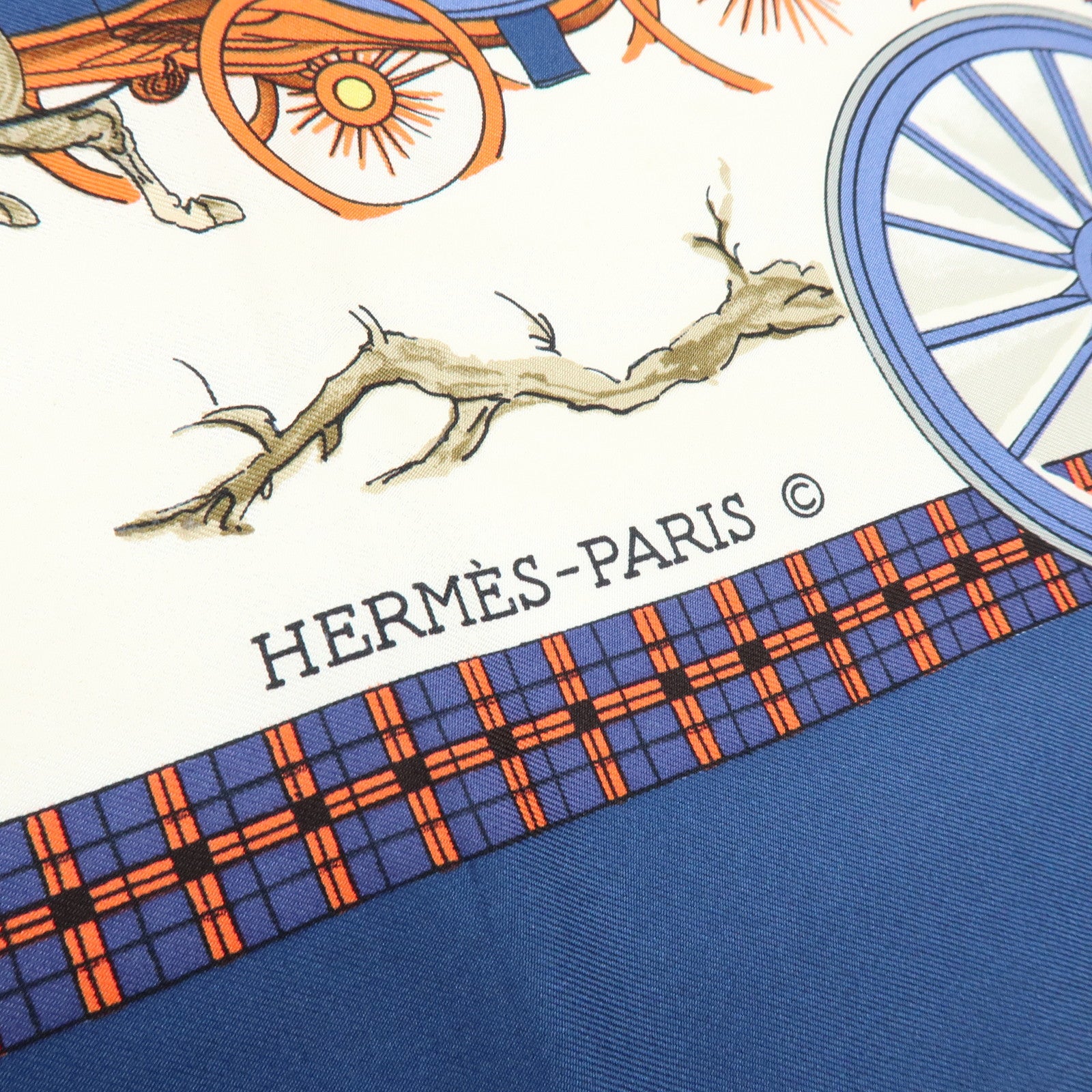 HERMES Carre 90 Silk 100% L'HIVER EN POSTE Scarf Navy Brown