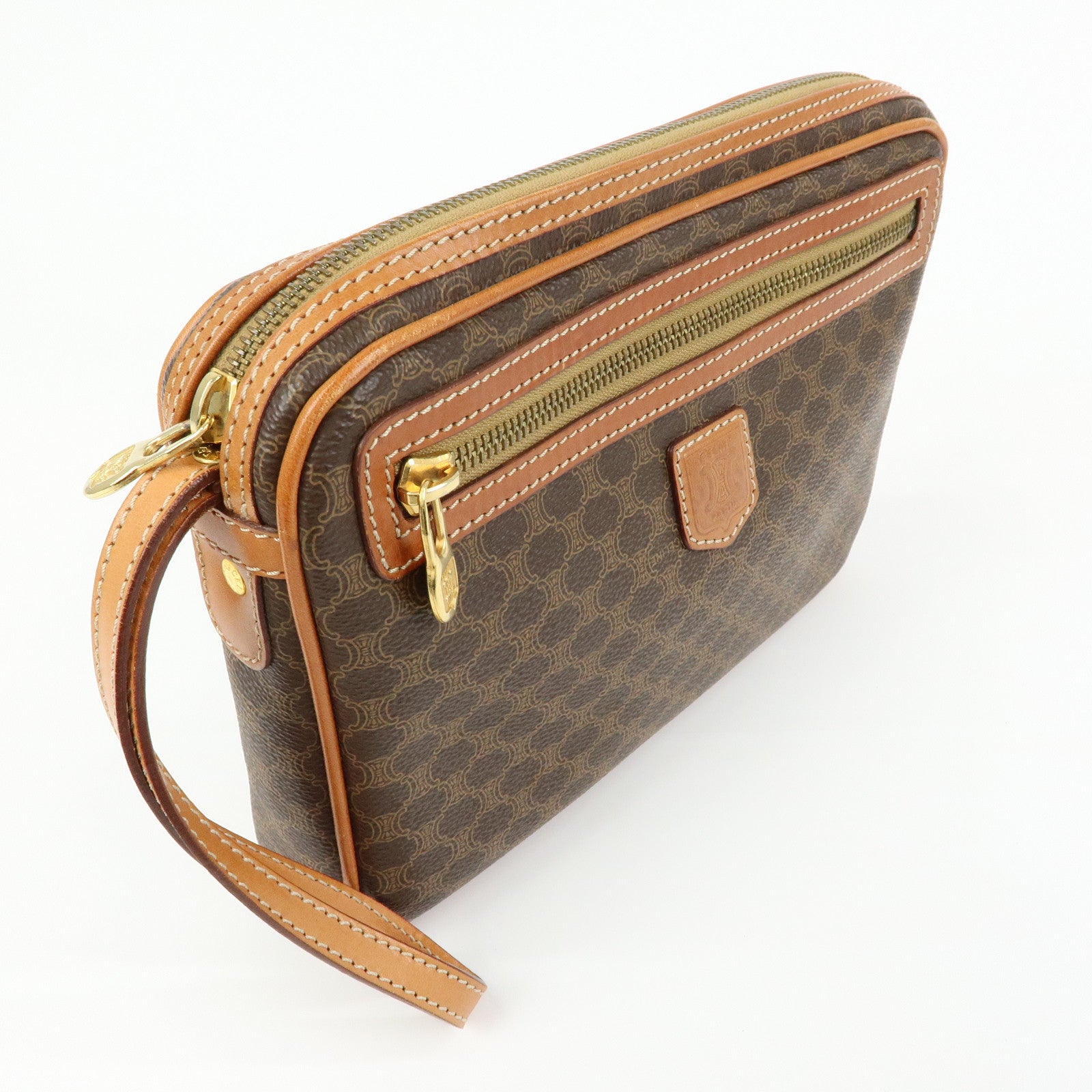 CELINE Macadam PVC Coated Canvas Leather Clutch Bag Pouch Brown