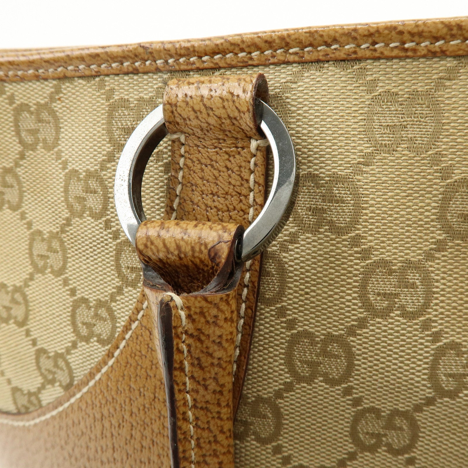 GUCCI GG Canvas Leather Tote Bag Hand Bag Beige Camel 113011