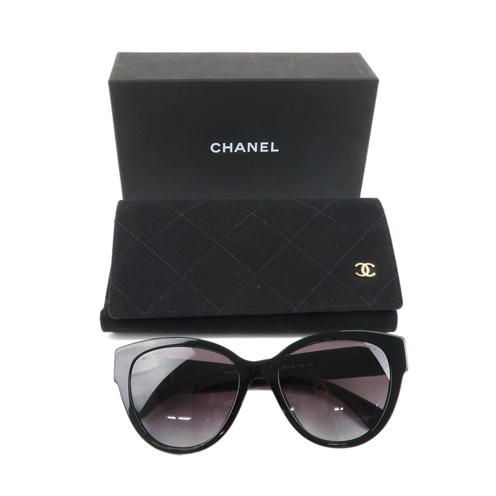 CHANEL Heart Pearl Plastic Sunglasses 56□18 Black Used