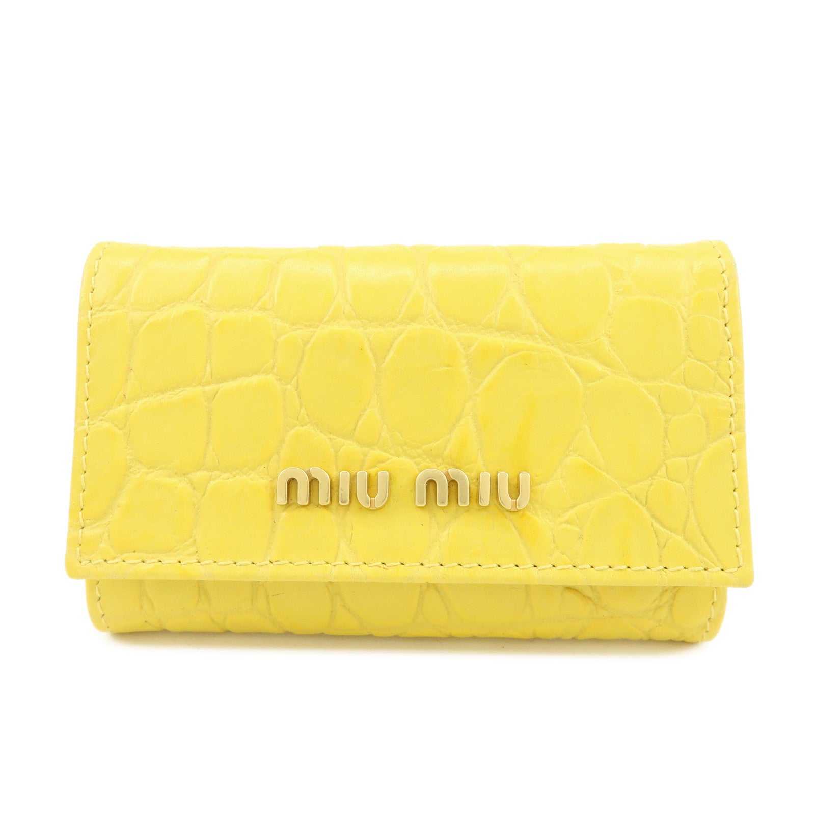 MIU MIU Embossed Leather Key Case Key Holder Yellow 5M0222