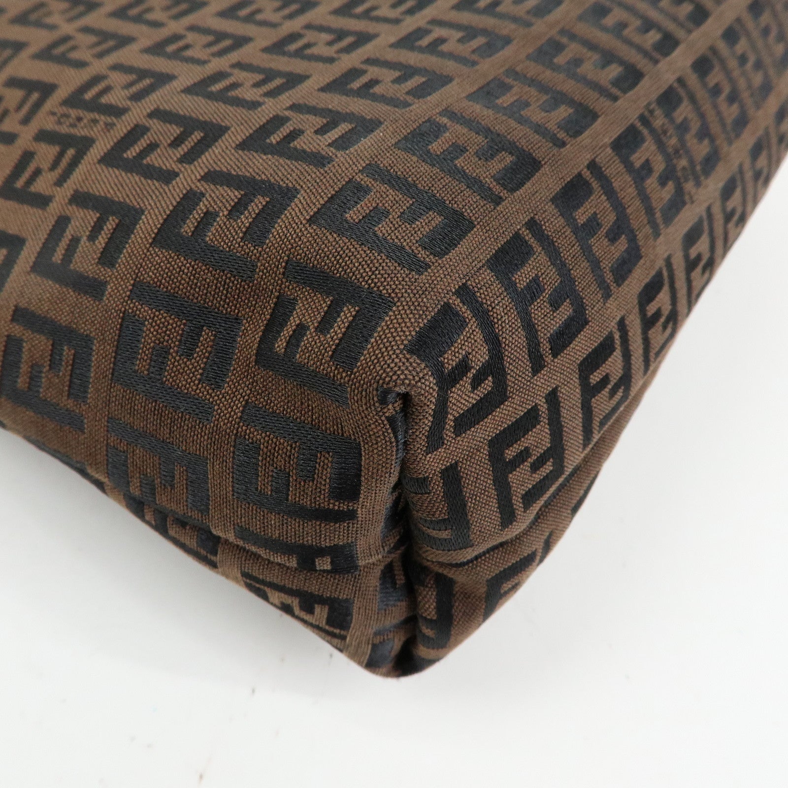 FENDI Zucchino Canvas Leather Tote Shoulder Bag Brown Black 8BH023