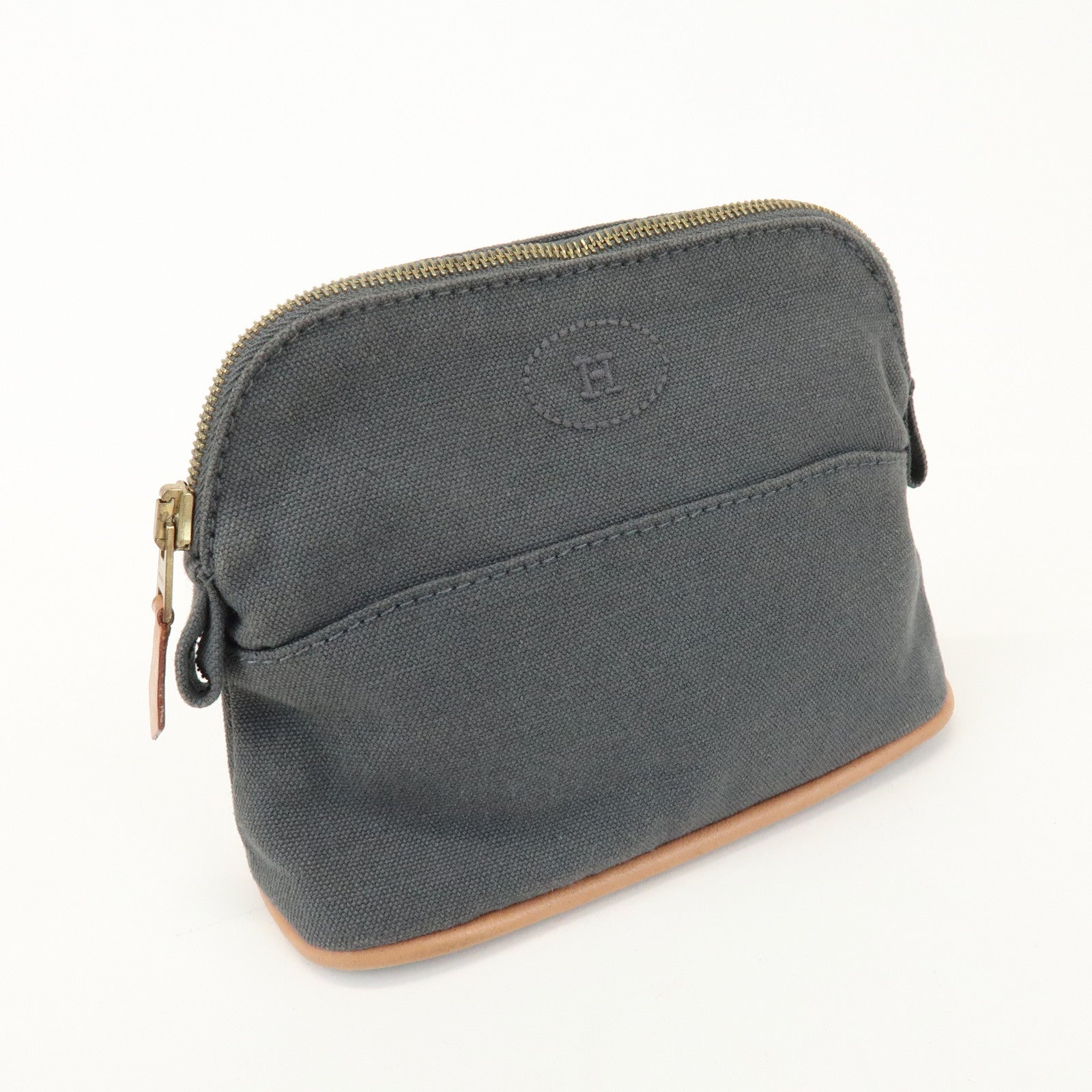 HERMES Logo Canvas Leather Bolide Pouch 16 Cosmetic Pouch