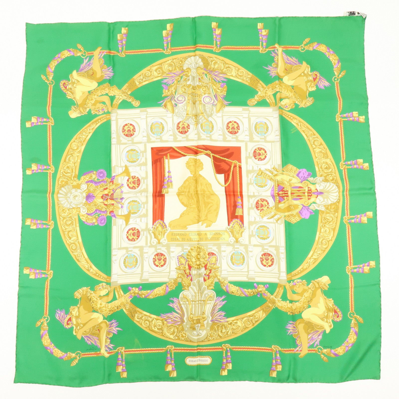 HERMES Carre 90 Set of 2 Silk 100% Scarf Green Gold Ivory