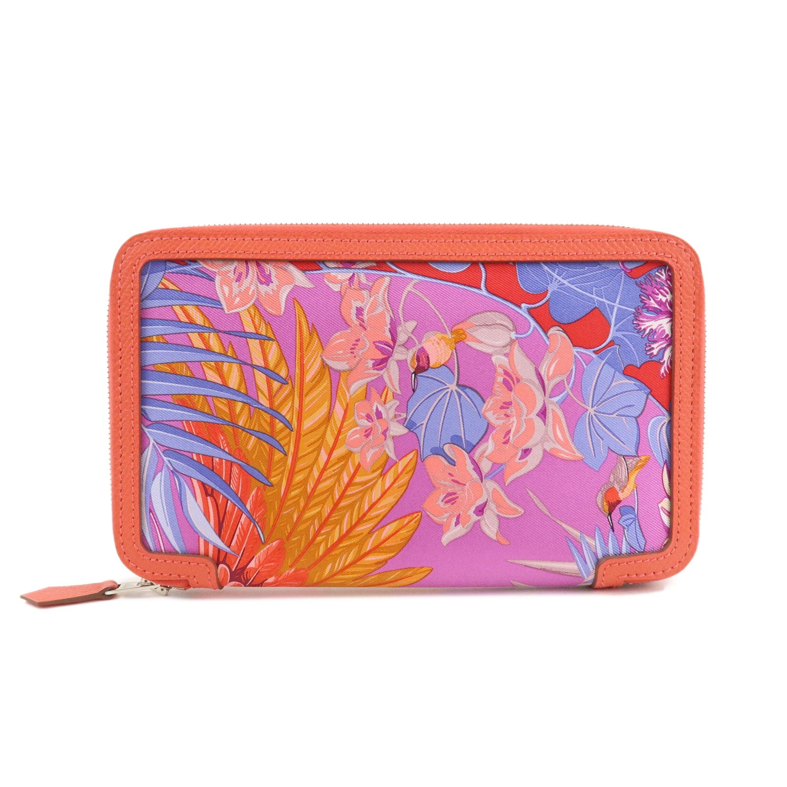 HERMES Soie Cool Flamingo Party Silk Leather Wallet Rose Gype Used